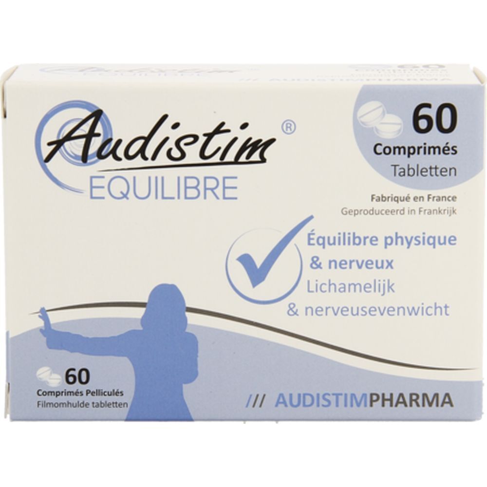 Boîte de 60 comprimés. Inscription: Audistim Équilibre, Équilibre physique & nerveux. Fabriqué en France.