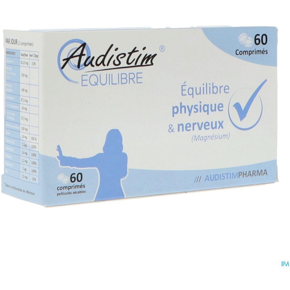 Boîte de 60 comprimés. Inscription: Audistim Équilibre, Équilibre physique & nerveux (Magnésium).