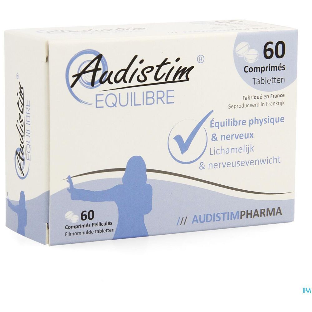 Boîte de 60 comprimés. Inscription: Audistim Équilibre, Équilibre physique & nerveux. Fabriqué en France.
