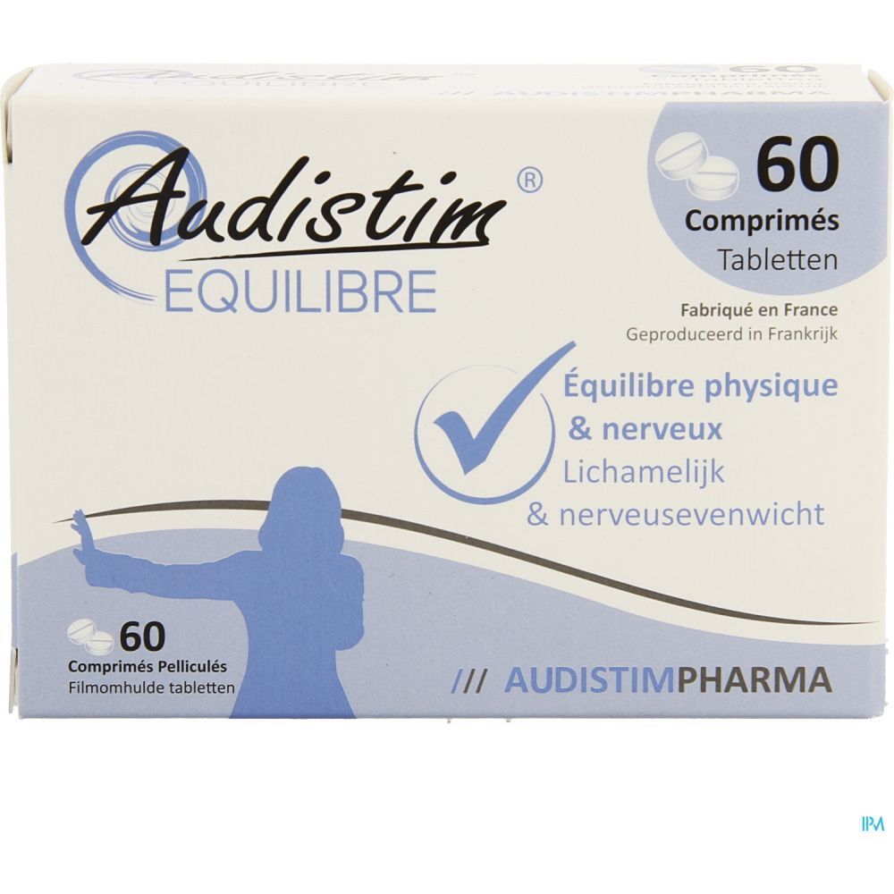 Boîte de 60 comprimés. Inscription: Audistim Équilibre, Équilibre physique & nerveux. Fabriqué en France.