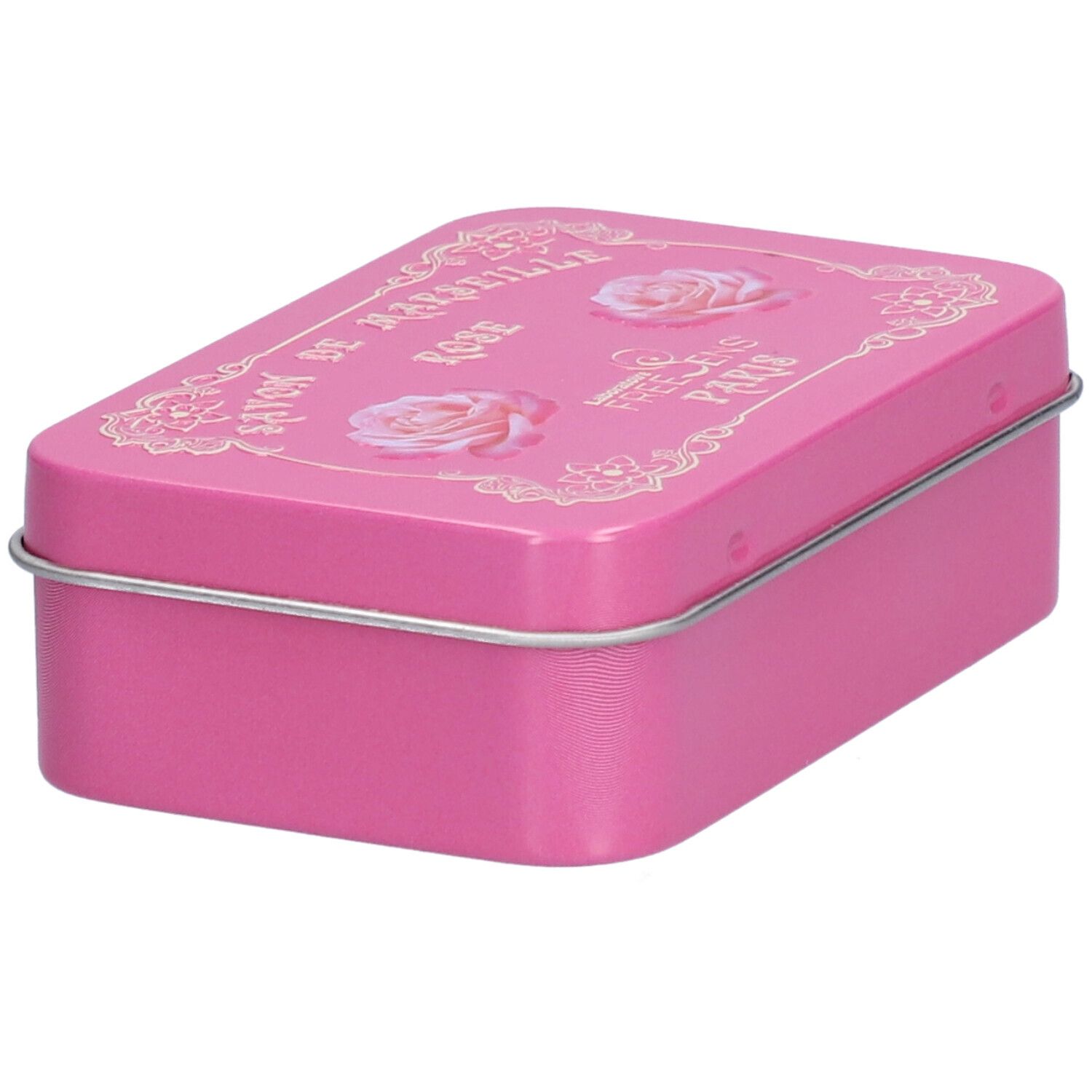 Boîte rectangulaire rose avec impression blanche. Inscription: Savon de Marseille Rose, Freesens Paris. Deux roses illustrées.