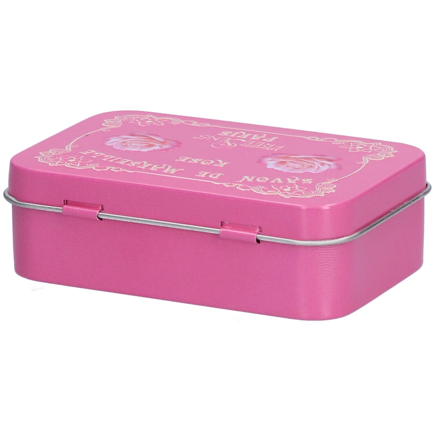 Boîte rectangulaire rose avec impression blanche. Inscription: Savon de Marseille Rose, Freesens Paris. Deux roses illustrées.