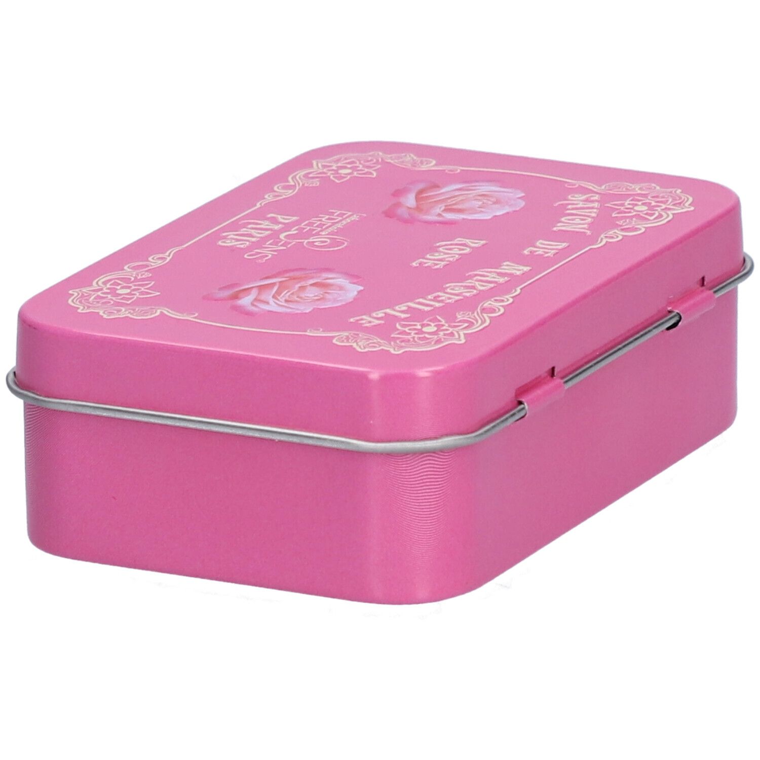 Boîte rectangulaire rose avec impression blanche. Inscription: Savon de Marseille Rose, Freesens Paris. Deux roses illustrées.