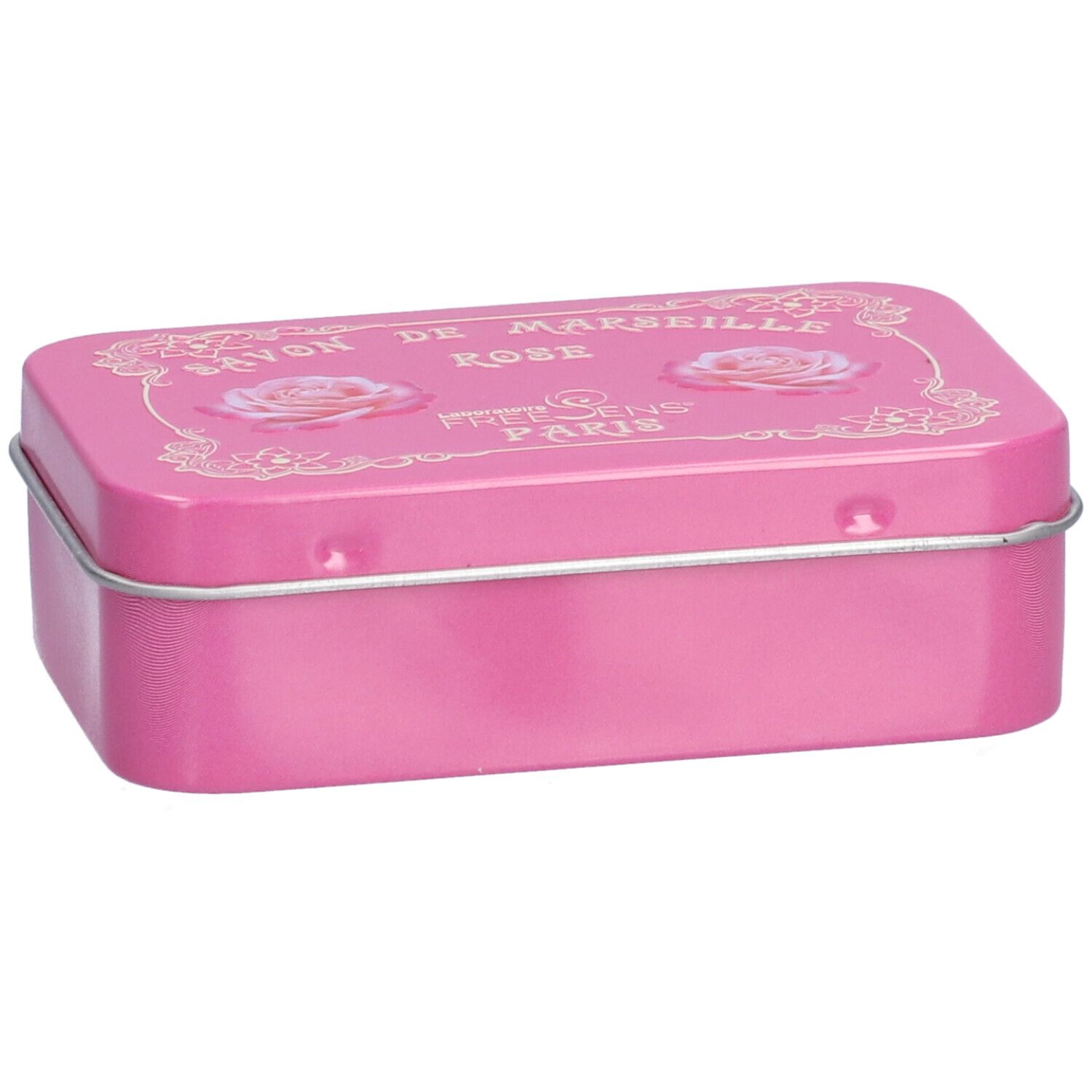 Boîte rectangulaire rose avec impression blanche. Inscription: Savon de Marseille Rose, Freesens Paris. Deux roses illustrées.