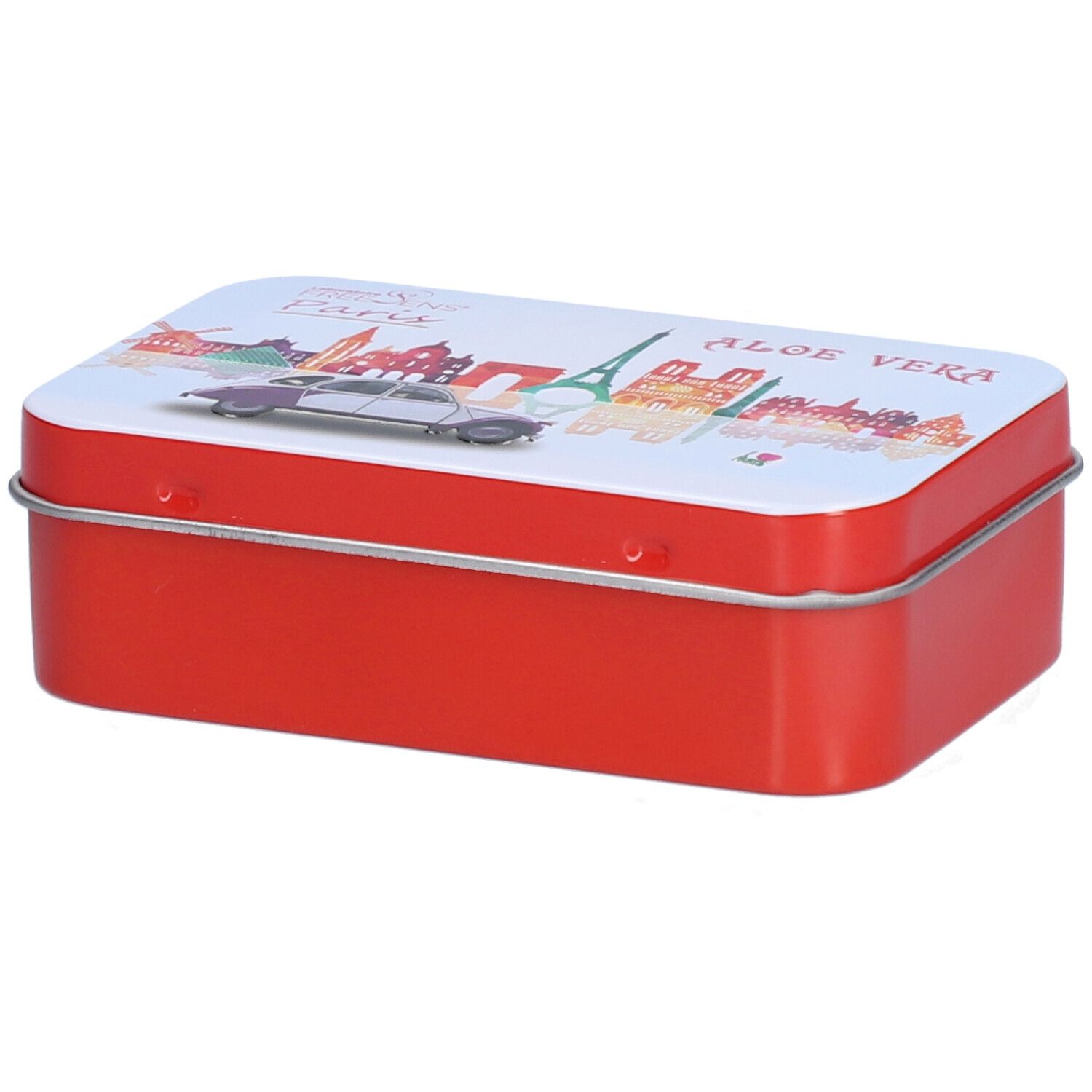 Boîte métallique rouge rectangulaire avec couvercle blanc. Vue de ville et texte "ALOE VERA" sur le couvercle.
