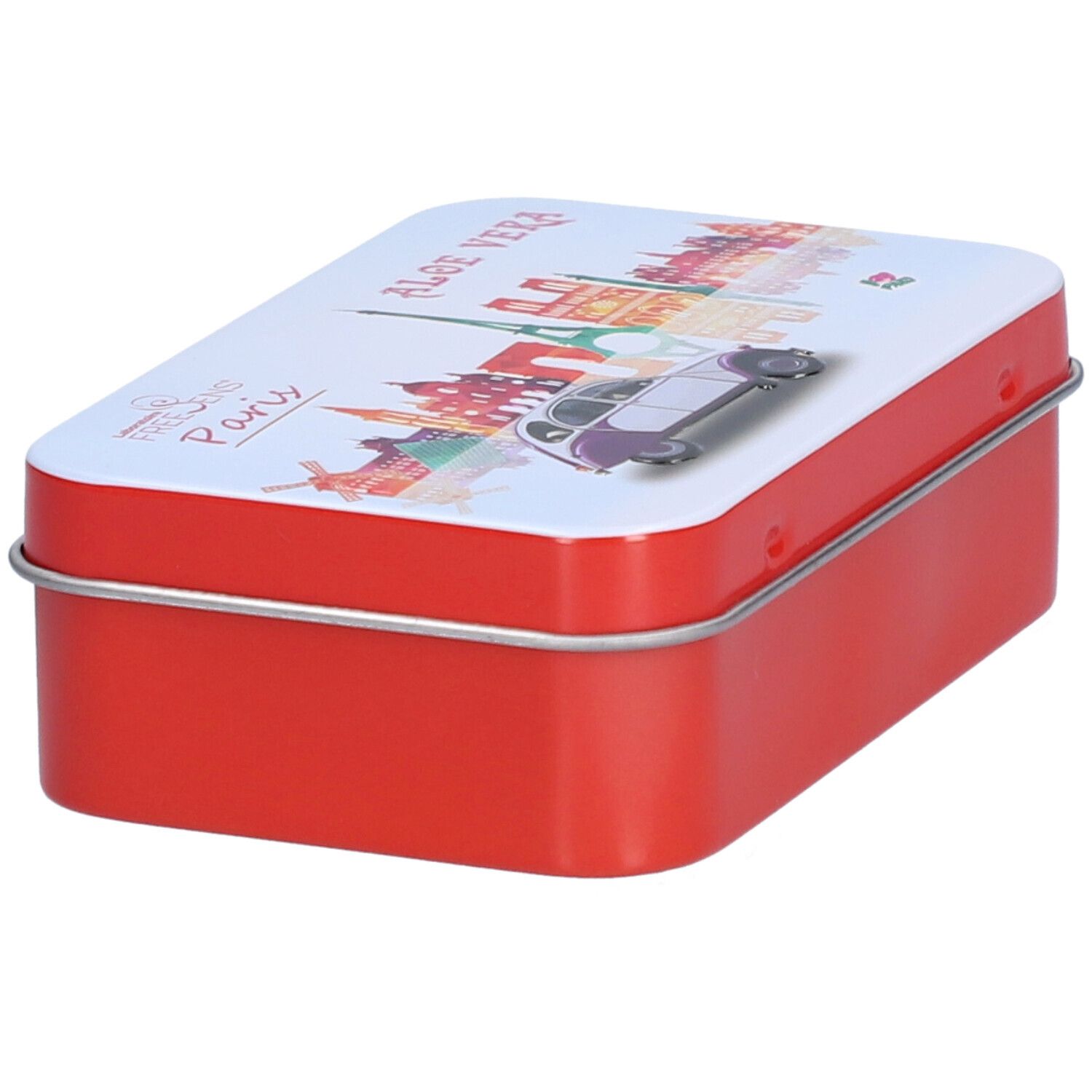 Boîte métallique rouge rectangulaire avec couvercle blanc. Vue de ville et texte "ALOE VERA" sur le couvercle.