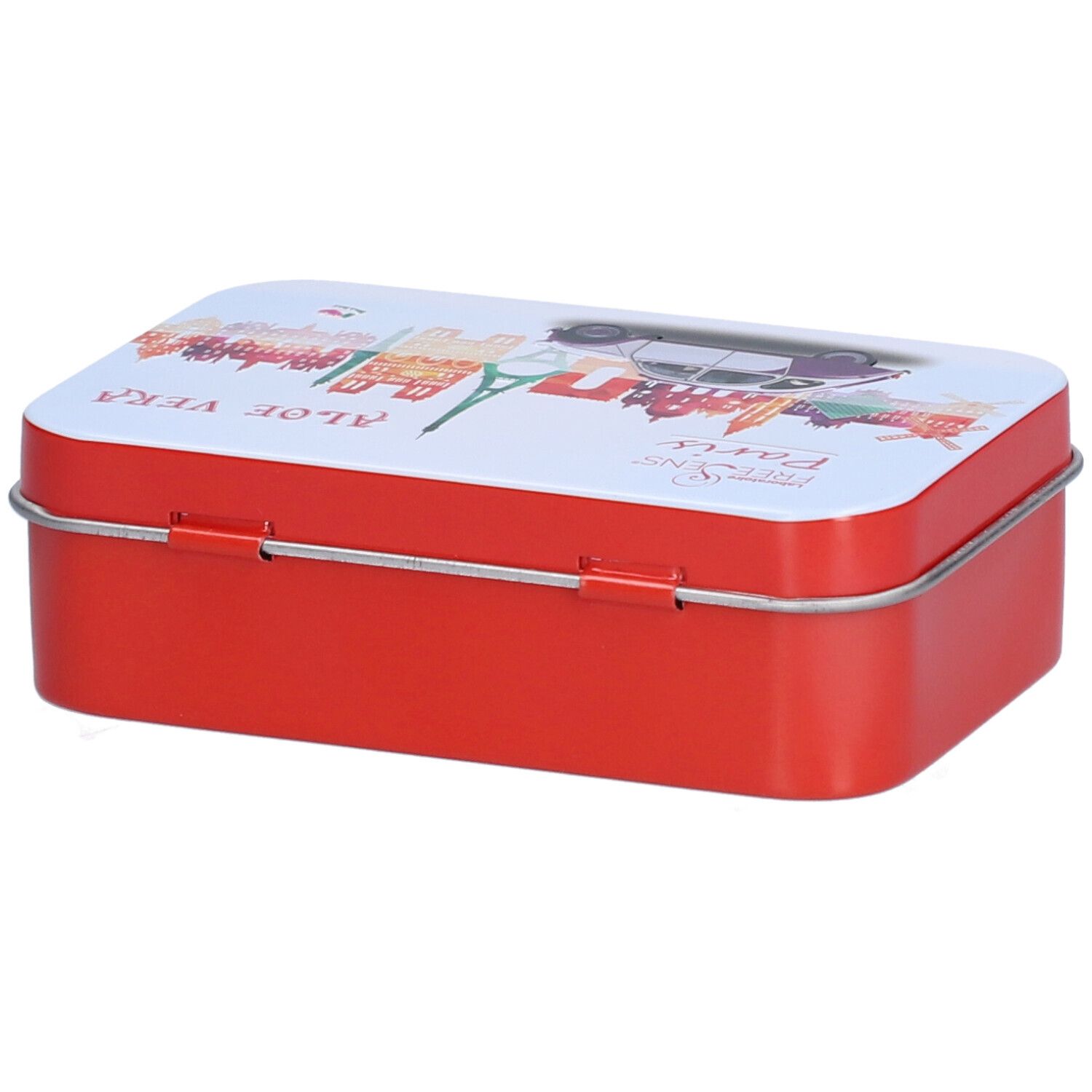 Boîte métallique rouge rectangulaire avec couvercle blanc. Vue de ville et texte "ALOE VERA" sur le couvercle.