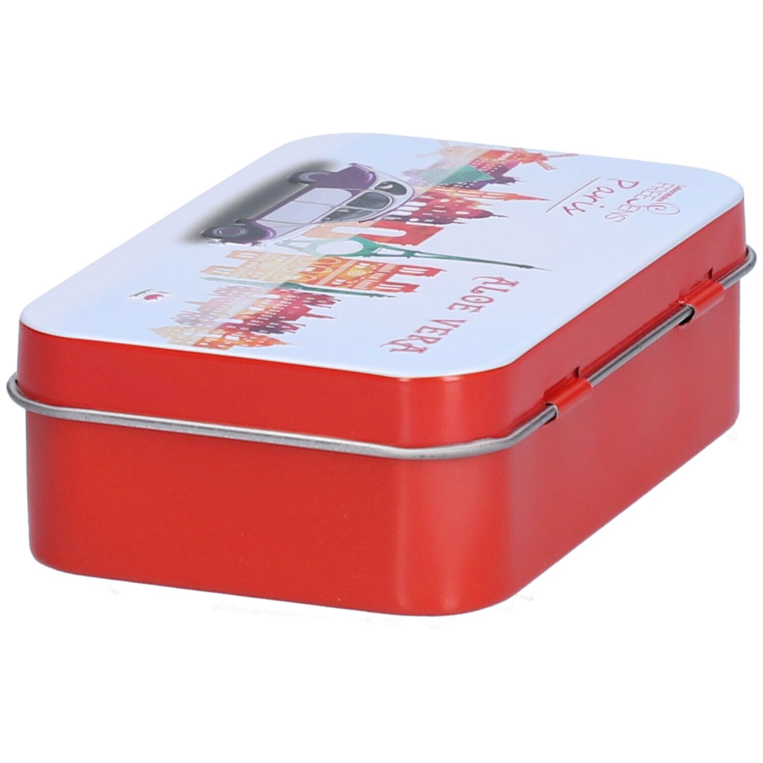 Boîte métallique rouge rectangulaire avec couvercle blanc. Vue de ville et texte "ALOE VERA" sur le couvercle.