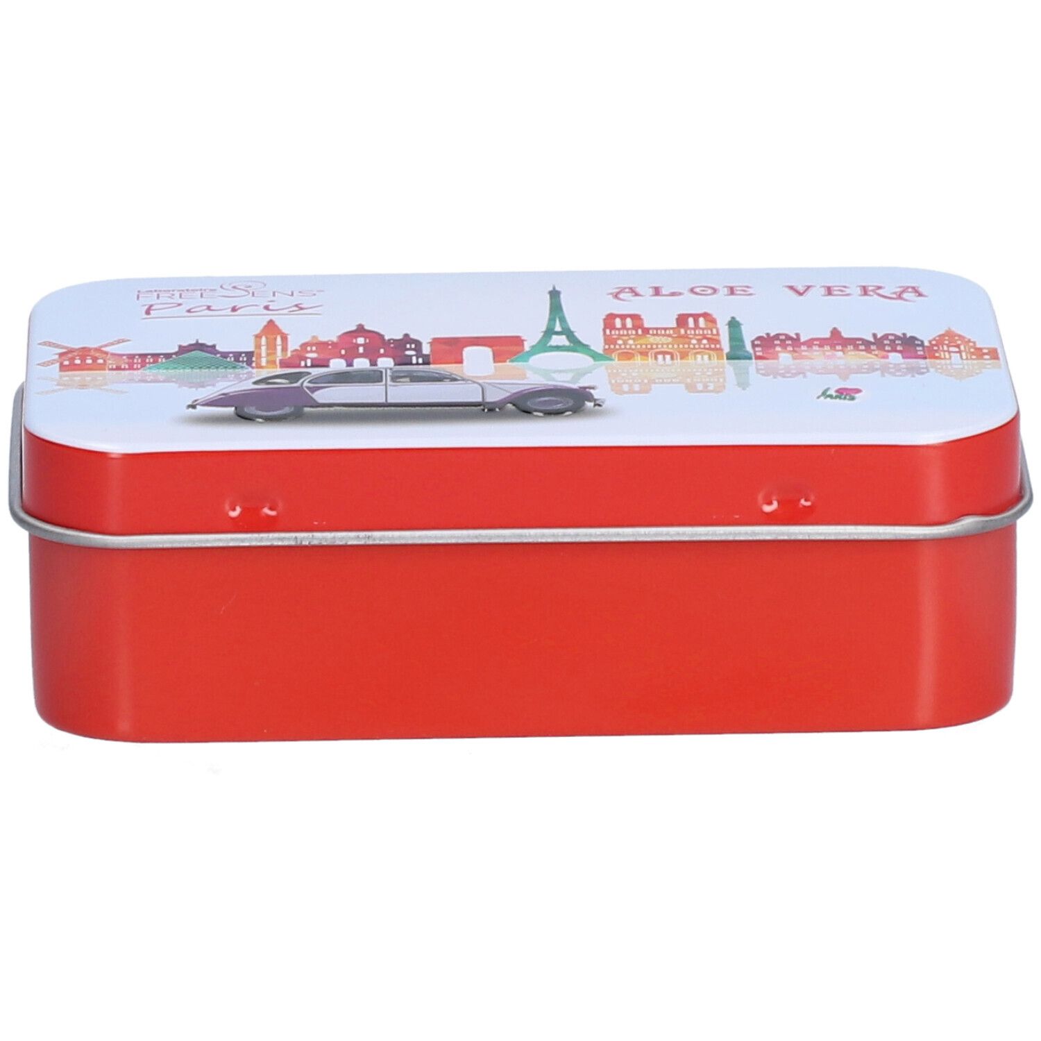 Boîte métallique rouge rectangulaire avec couvercle blanc. Vue de ville et texte "ALOE VERA" sur le couvercle.