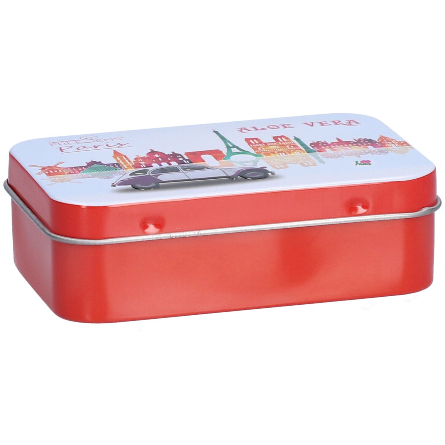 Boîte métallique rouge rectangulaire avec couvercle blanc. Vue de ville et texte "ALOE VERA" sur le couvercle.