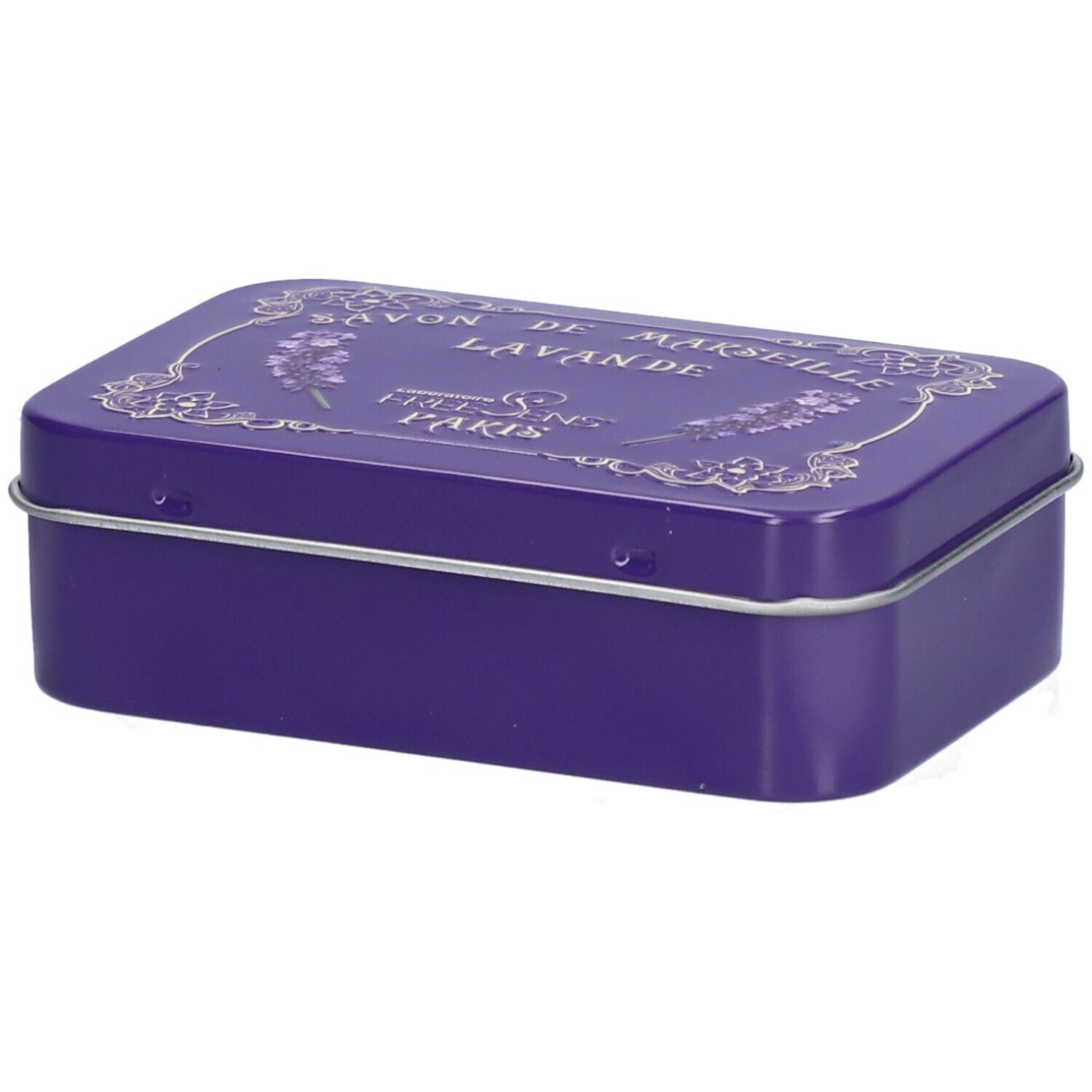 Paarse rechthoekige doos met zilverkleurige rand. Opschrift: Savon de Marseille à la Lavande.