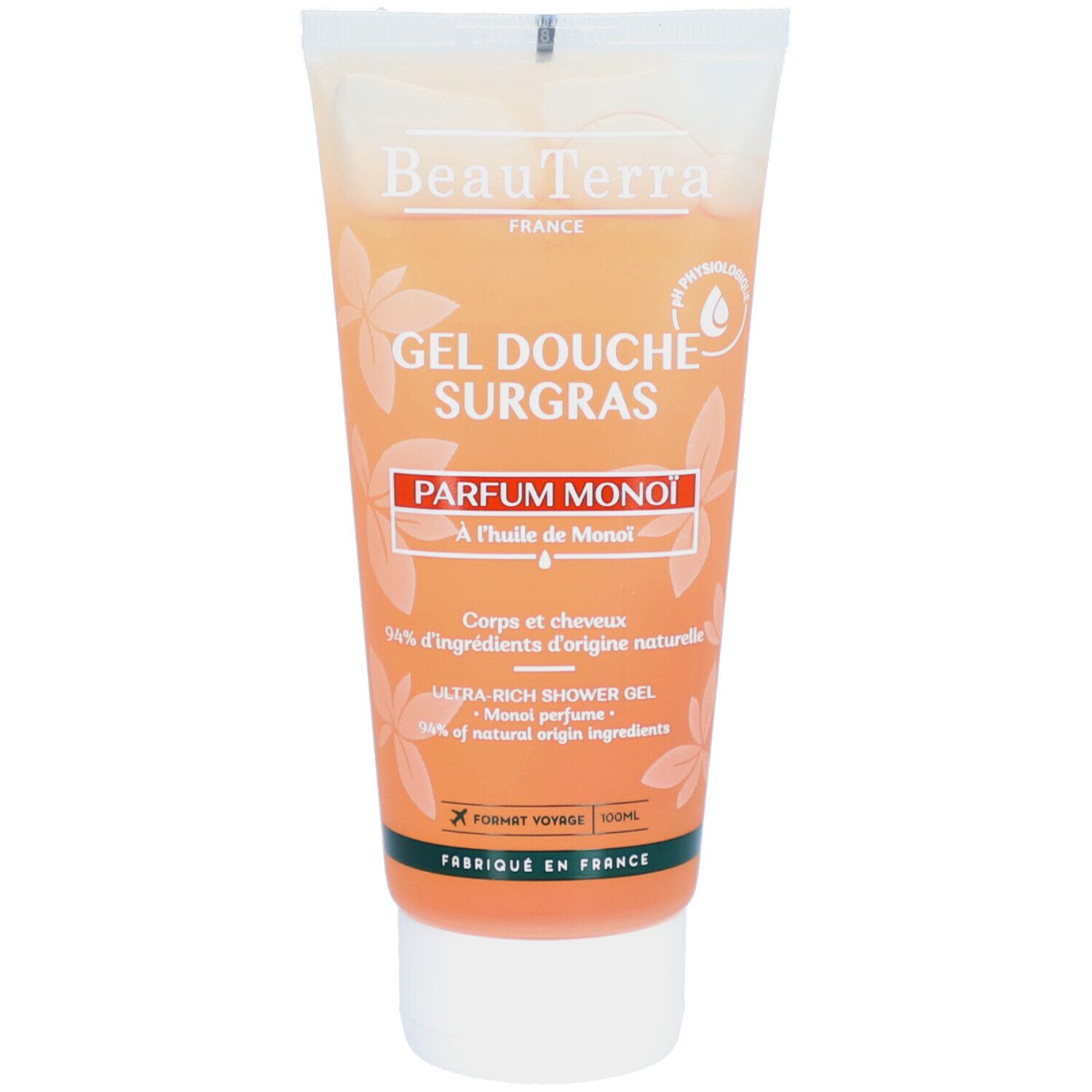 Tube beige avec texte et nom du produit. Contenu orangé visible. "Gel Douche Surgras" et "Parfum Monoï" sont mis en évidence.