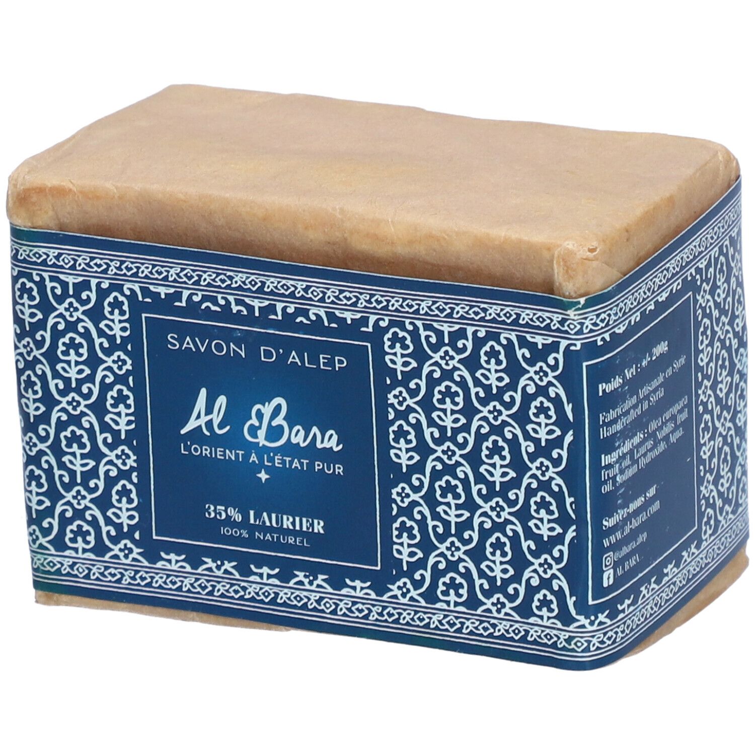 Savon rectangulaire emballé. Bande bleue avec motifs floraux et texte: Savon d'Alep, Al Bara, 35% Laurier, 100% Naturel.