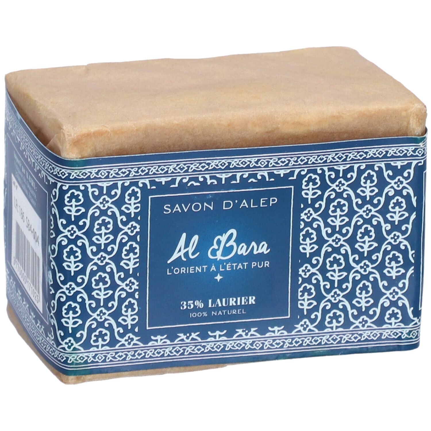 Savon rectangulaire emballé. Bande bleue avec motifs floraux et texte: Savon d'Alep, Al Bara, 35% Laurier, 100% Naturel.