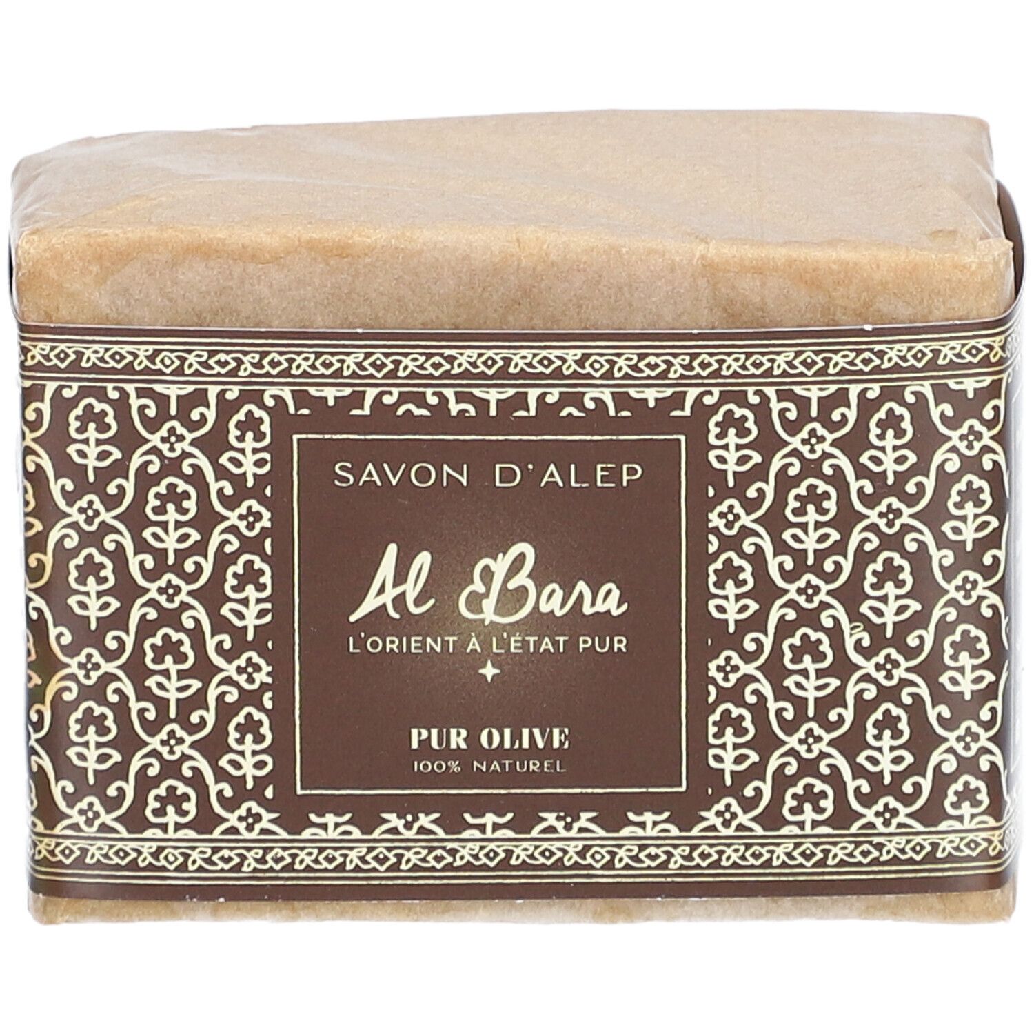 Savon d'Alep emballé. Emballage marron avec motif doré et texte : Savon d'Alep, Al Bara, Pur Olive, 100% Naturel.