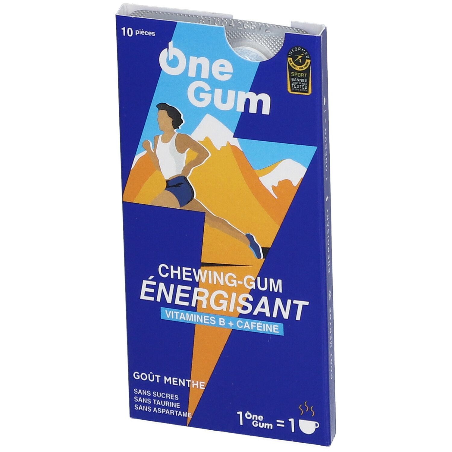 Boîte bleue 'One Gum'. Illustration d'un coureur. Texte: 'Chewing-Gum énergisant', 'Vitamine B+Cafeine', 'Goût Menthe'.