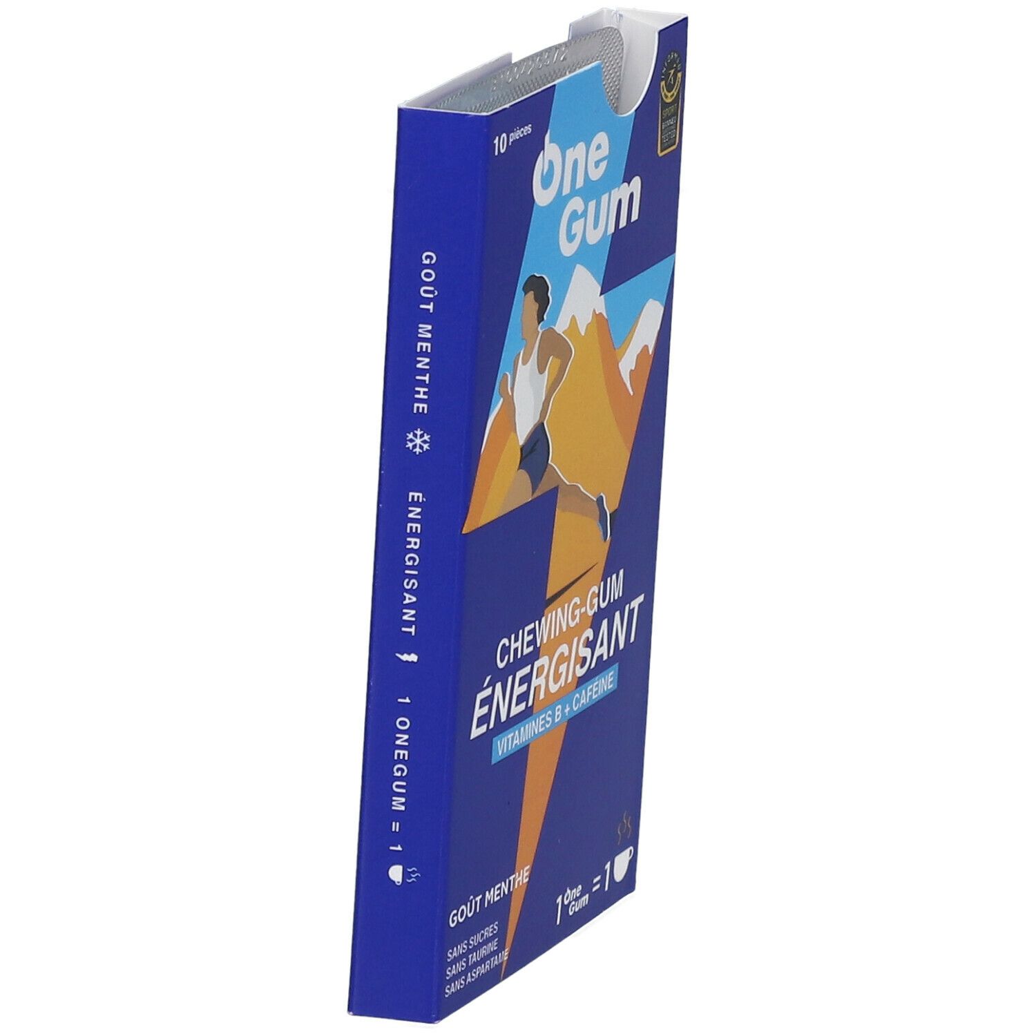Boîte bleue 'One Gum' en biais. Illustration d'un coureur. Texte: 'Chewing-Gum énergisant', 'Vitamine B+Cafeine', 'Goût Menthe'.