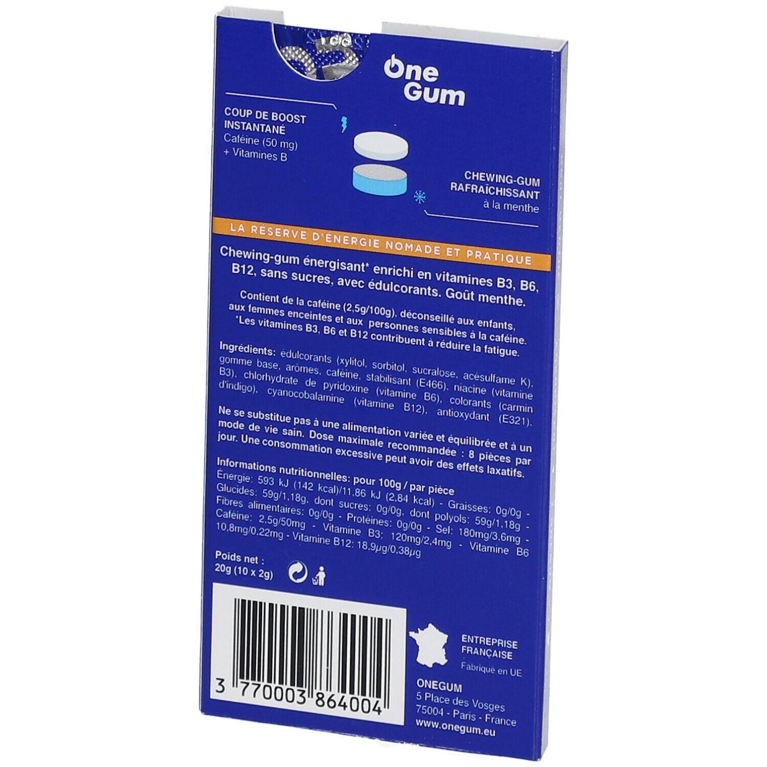 Dos de la boîte bleue 'One Gum'. Texte: 'Chewing-gum énergisant', ingrédients, informations nutritionnelles, adresse du fabricant.