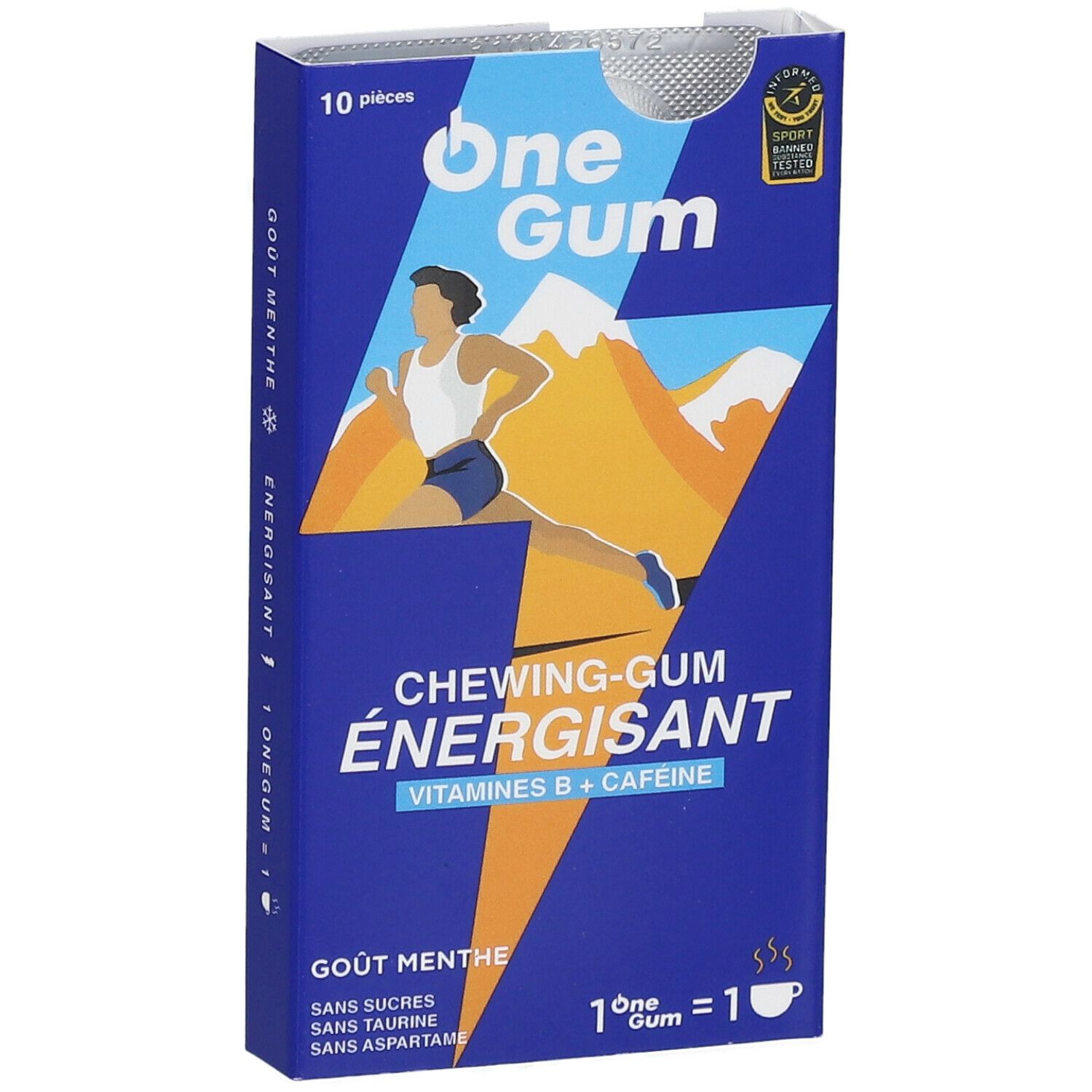 Boîte bleue 'One Gum'. Illustration d'un coureur. Texte: 'Chewing-Gum énergisant', 'Vitamine B+Cafeine', 'Goût Menthe'.