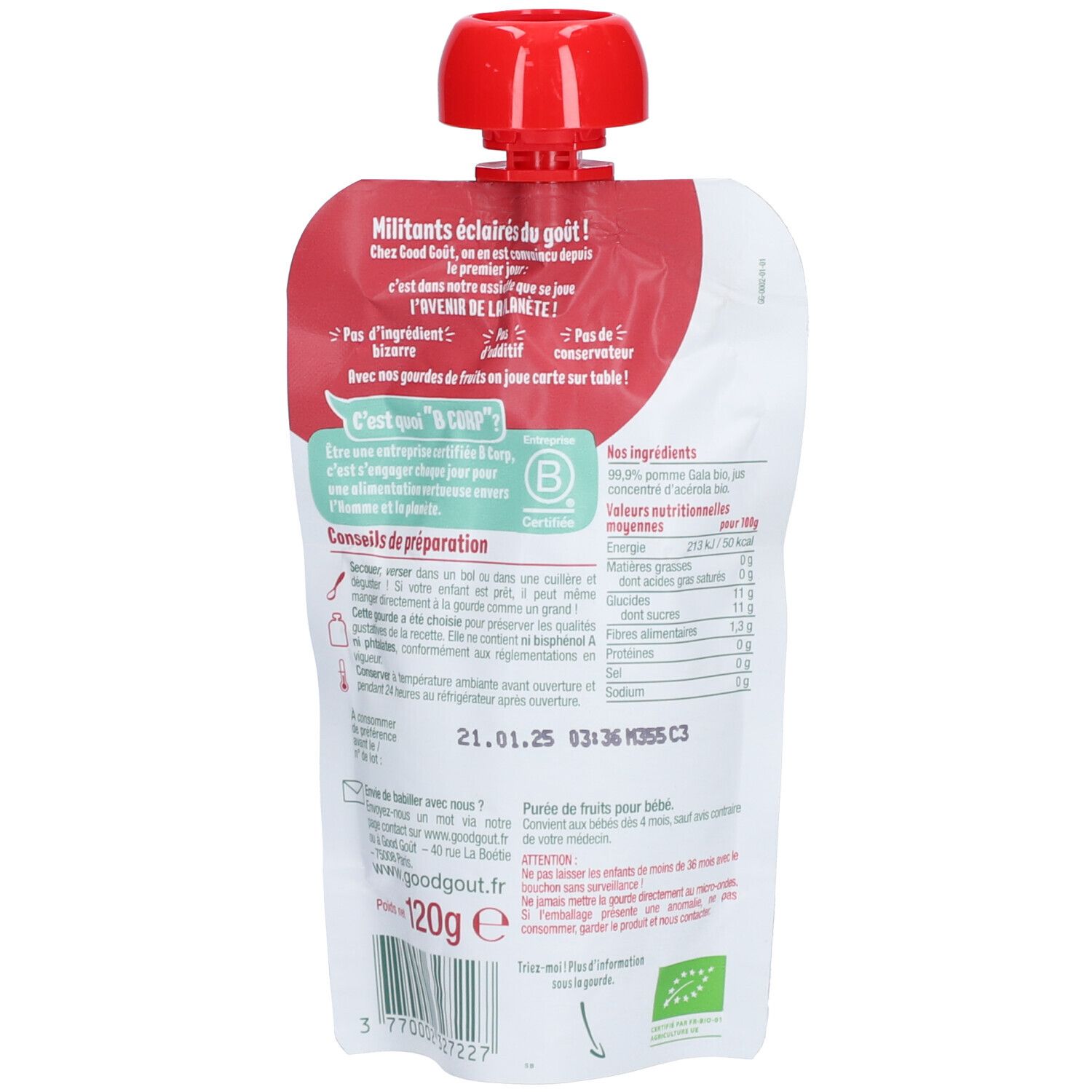 Dos du sachet. Texte, liste des ingrédients, valeurs nutritionnelles, date limite, certification bio.