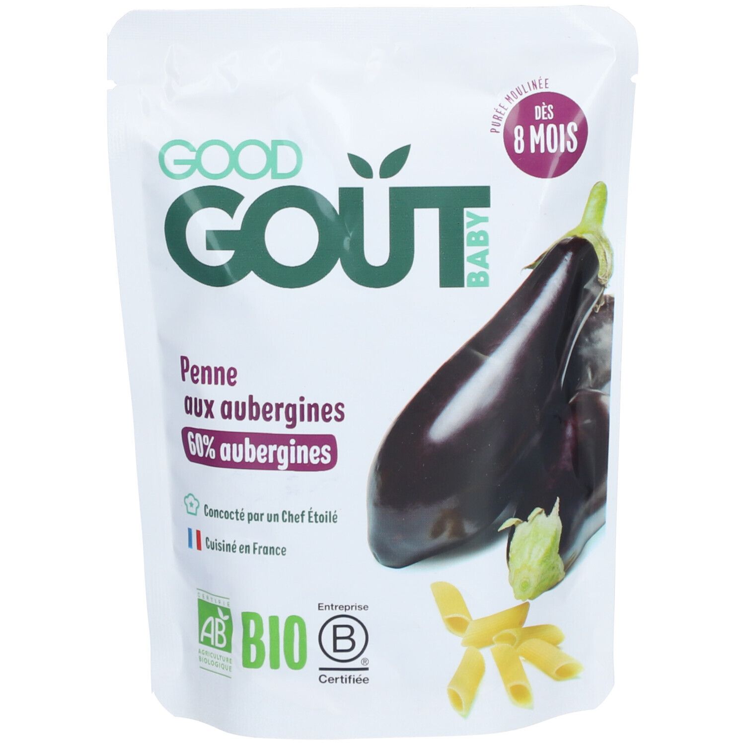 Verpakking GOODGOUT PENNE AUBERGINE. Opschrift: BIO, Penne aux aubergines, 60% aubergines, dès 8 mois. Illustratie aubergine.