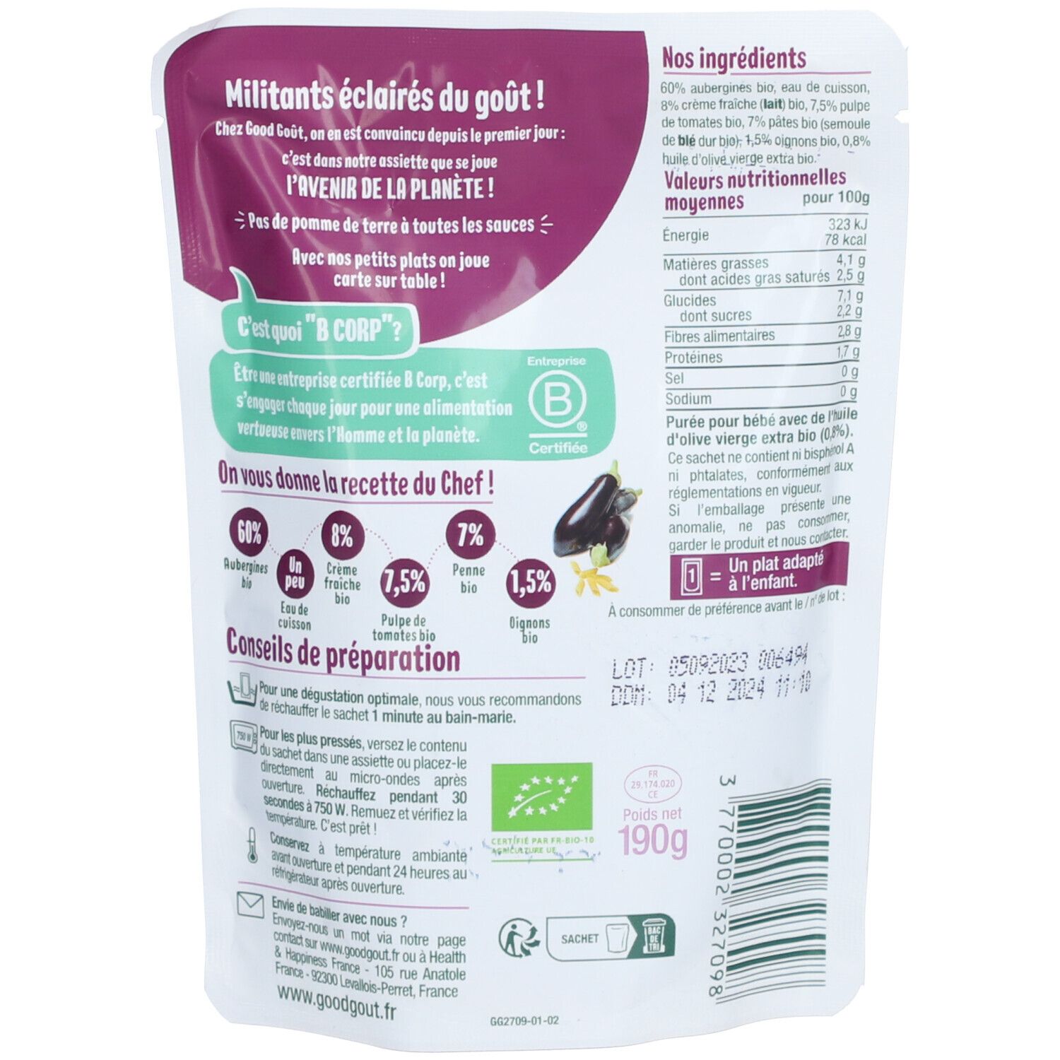 Achterkant verpakking GOODGOUT PENNE AUBERGINE. Tekst: ingrediënten, voedingswaarden, bereidingsadvies, 190g. BIO-certificering.