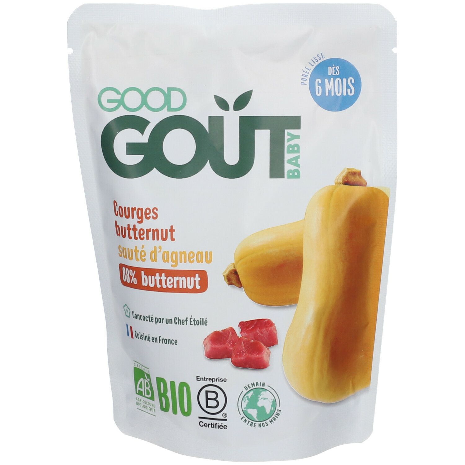 Verpackung GOOD GOÛT Babybrei. Aufdruck: Kürbis, Lammsteak, 80% Butternuss. Bio-Siegel. Ab 6 Monaten.