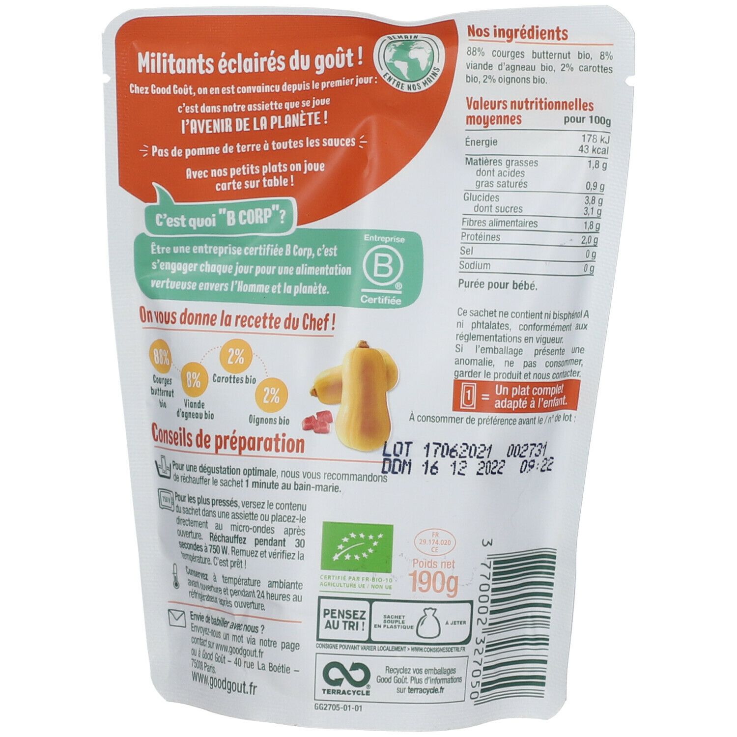 Rückseite der GOOD GOÛT Babybrei-Verpackung. Text: Zutaten, Nährwerte, Zubereitungshinweise. Bio-Siegel, B Corp-Zertifizierung.