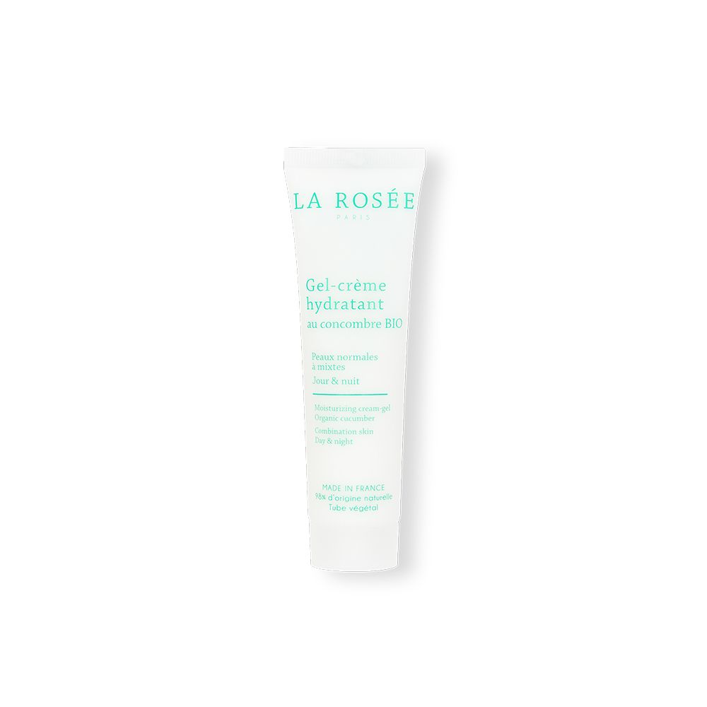 Witte tube met turquoise opdruk. Tekst: La Rosée, Gel-crème hydratant au concombre BIO. Voor normale tot gemengde huid.