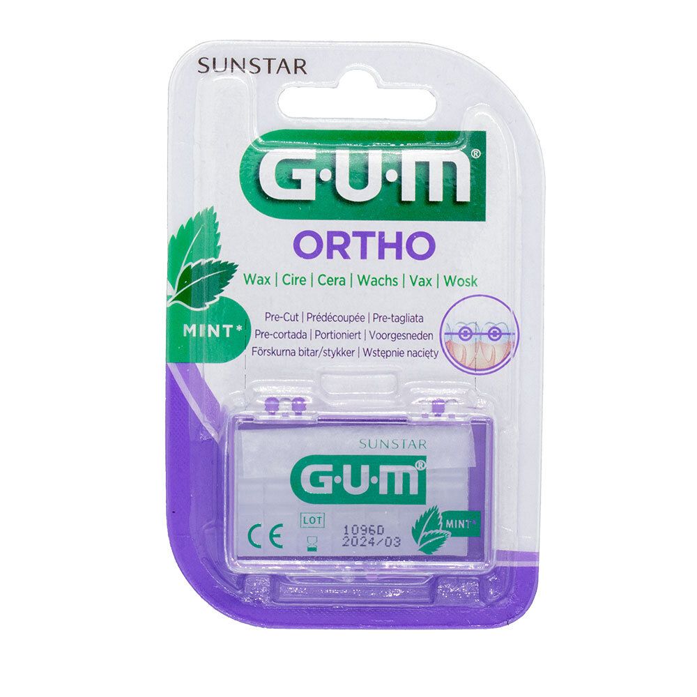 G.U.M Ortho cire orthodontique en blister. Saveur menthe. Contient des bandes de cire. Marquage CE.