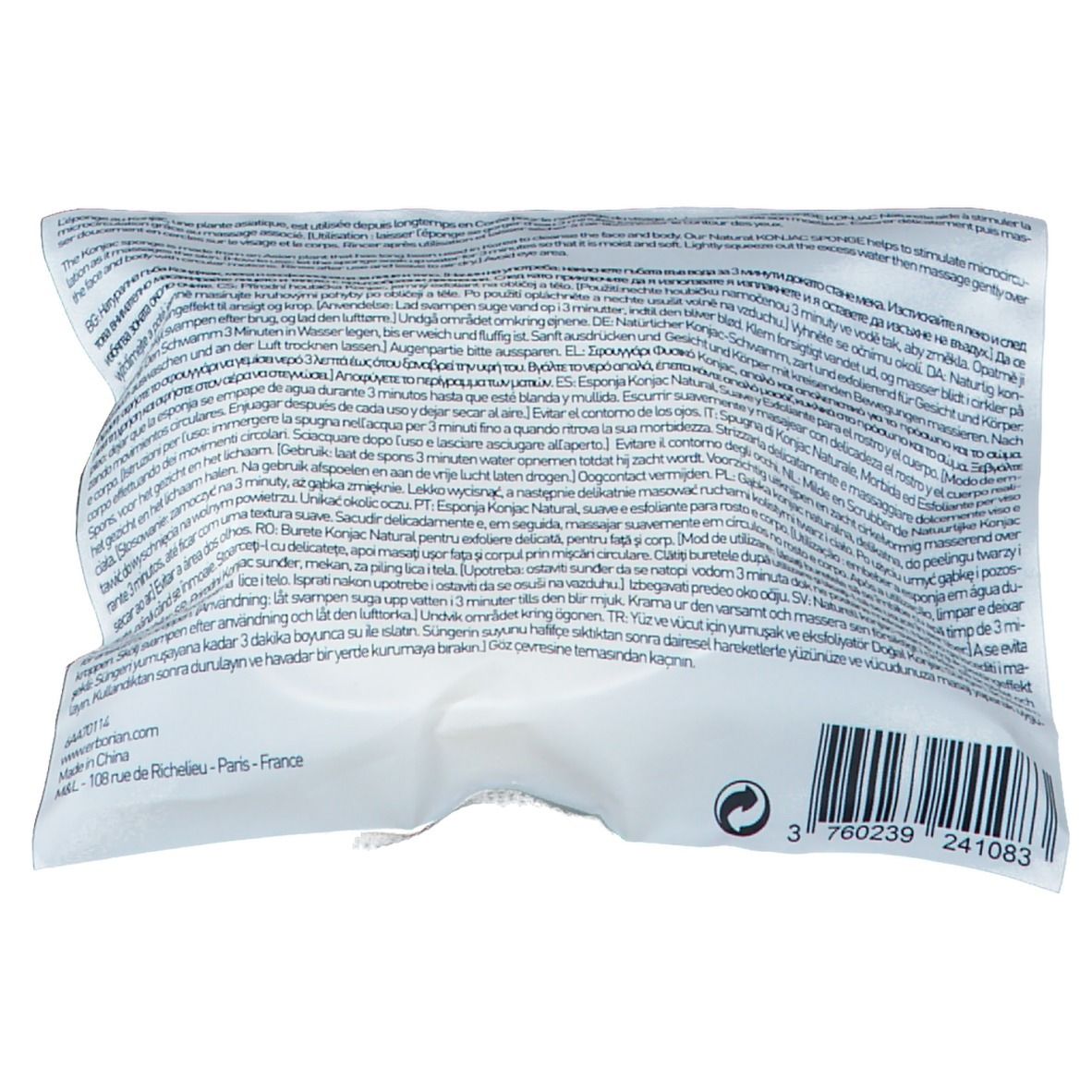 Emballage blanc avec texte. Code-barres et logo. Adresse: 106 rue de Richelieu - Paris - France.