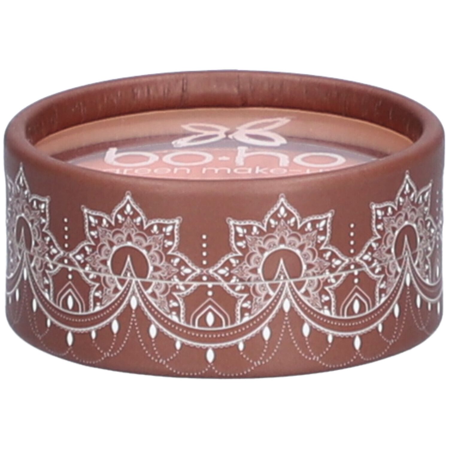 Boîte ronde marron avec motif blanc. Inscription bo-ho green make-up. Contenu visible.