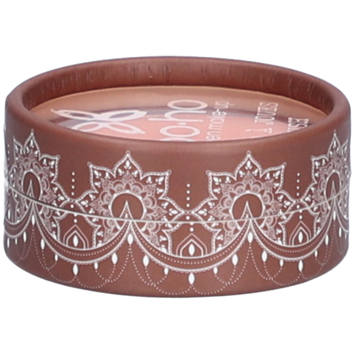 Boîte ronde marron avec motif blanc. Inscription bo-ho green make-up. Contenu visible.