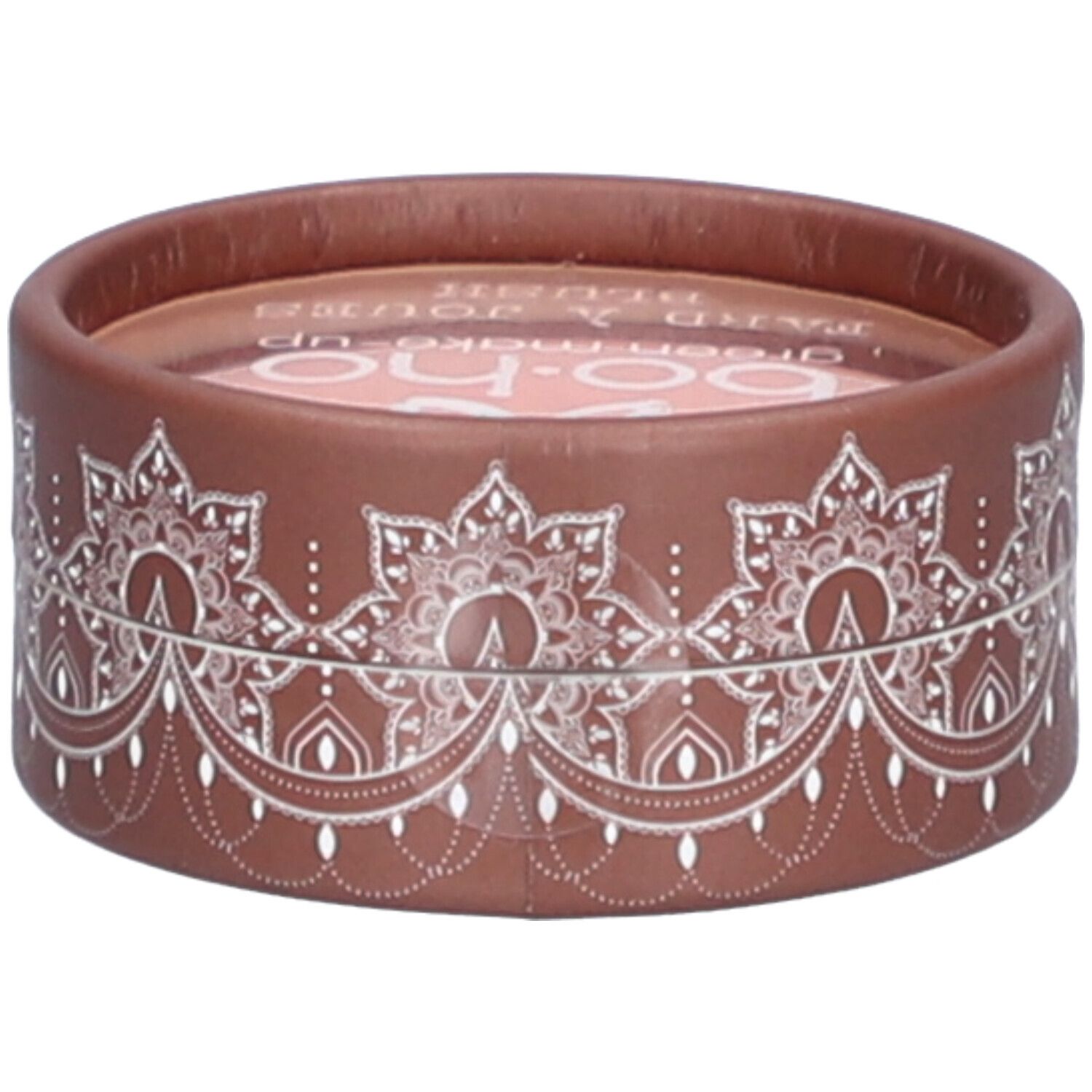 Boîte ronde marron avec motif blanc. Inscription bo-ho green make-up. Contenu visible.
