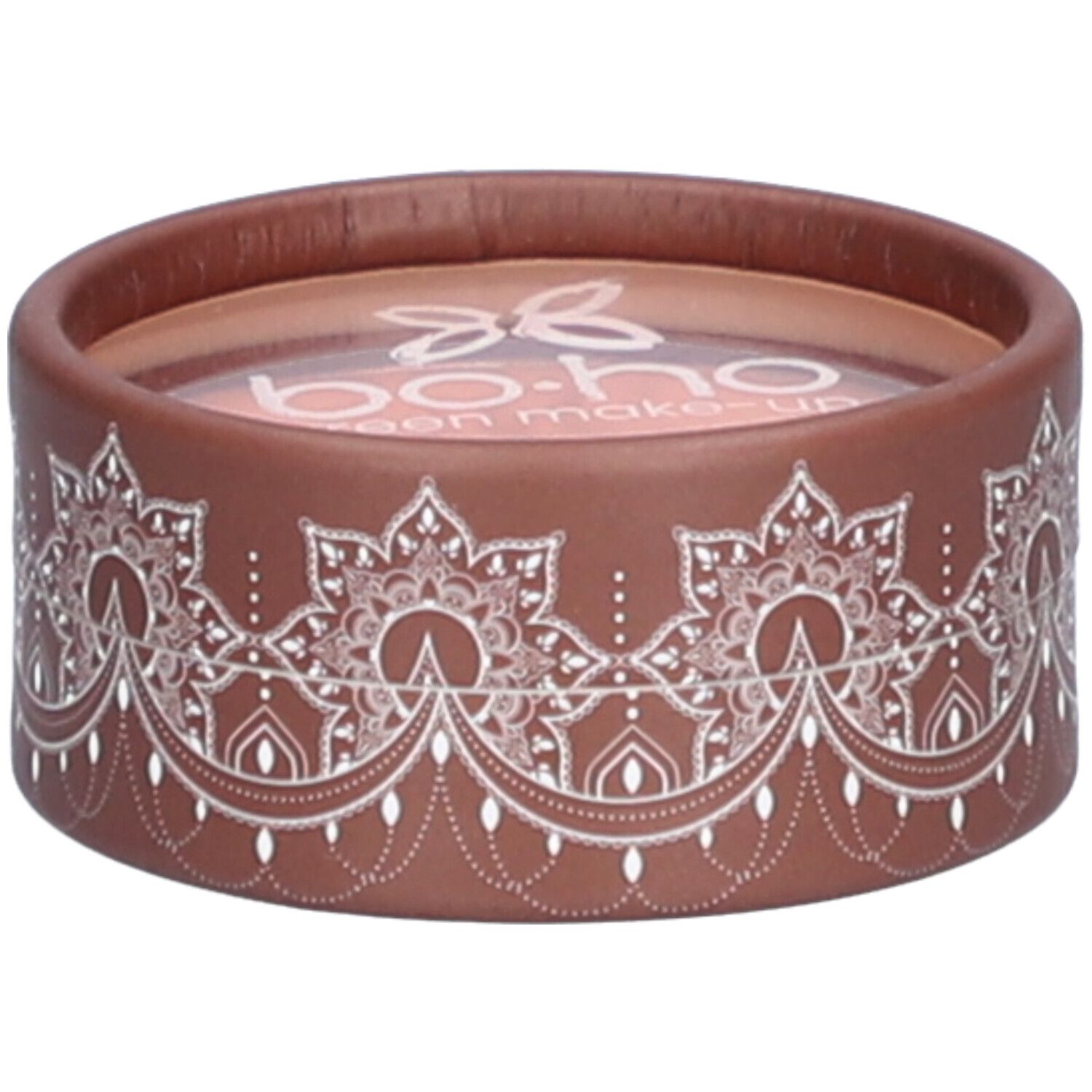 Boîte ronde marron avec motif blanc. Inscription bo-ho green make-up. Contenu visible.