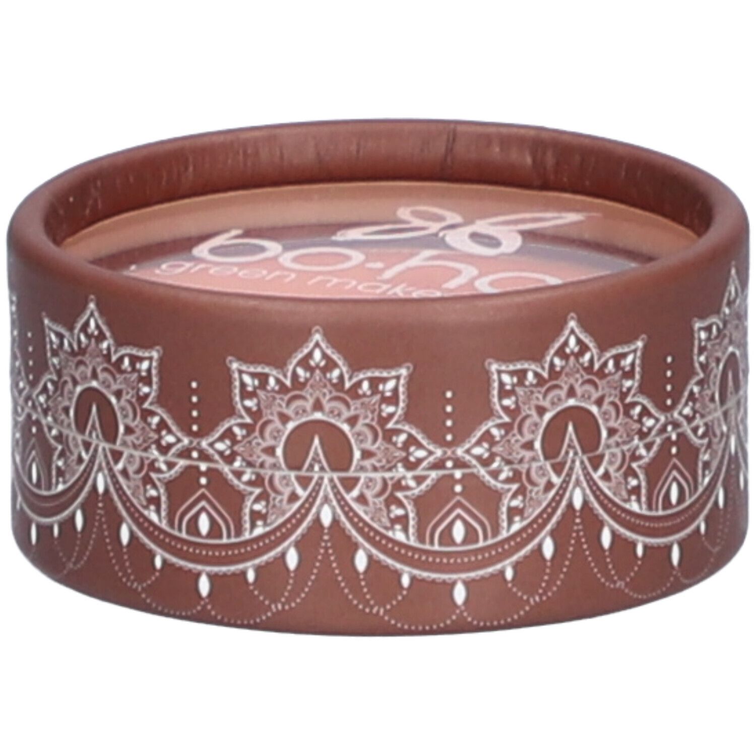 Boîte ronde marron avec motif blanc. Inscription bo-ho green make-up. Contenu visible.