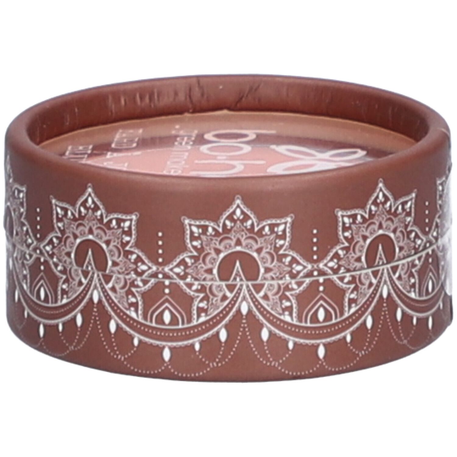 Boîte ronde marron avec motif blanc. Inscription bo-ho green make-up. Contenu visible.