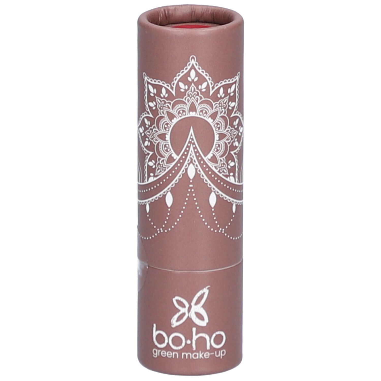 Rouge à lèvres dans un emballage marron. Motif mandala blanc et logo. Inscription "bo-ho green make-up".