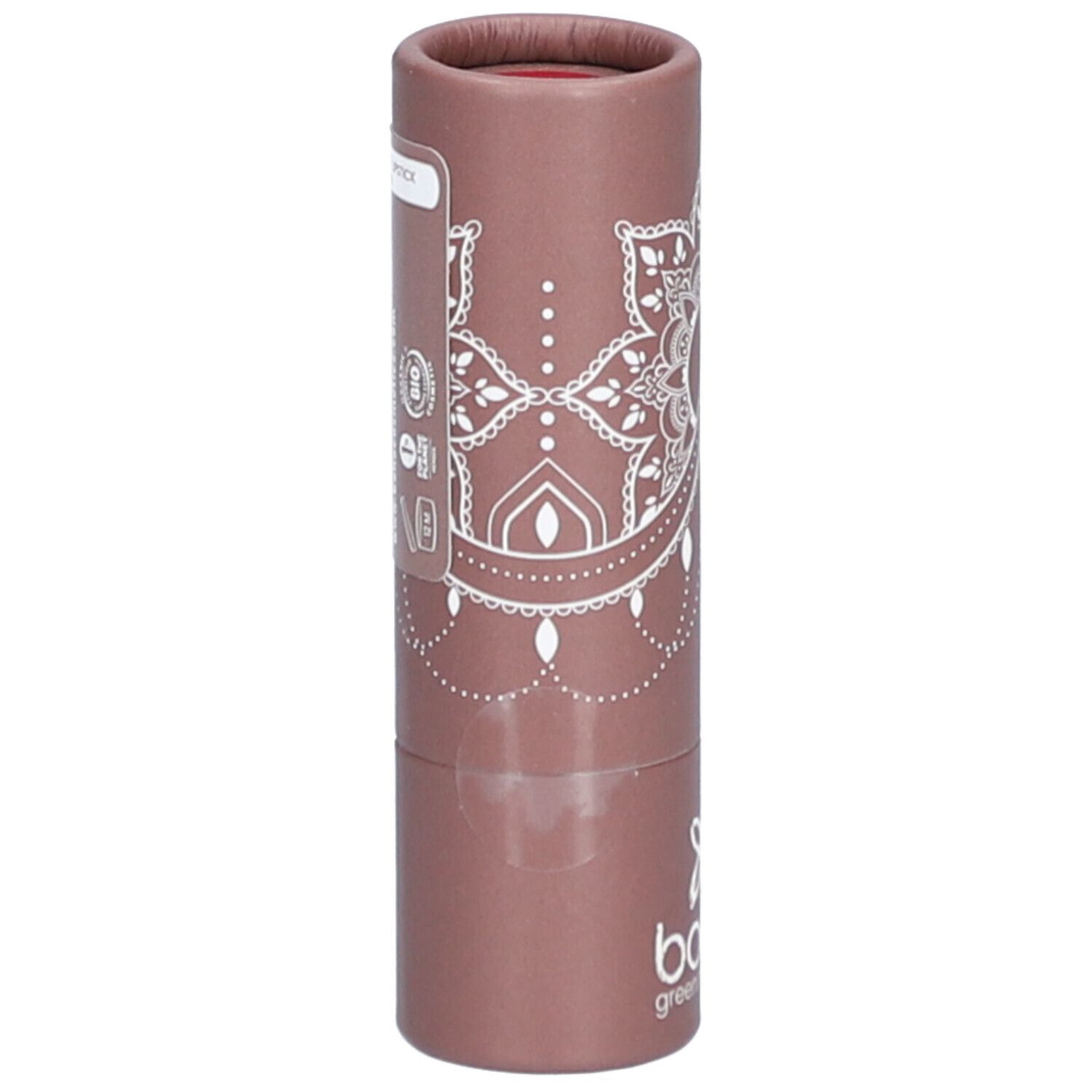Rouge à lèvres dans un emballage marron. Motif mandala blanc et logo. Inscription "bo-ho green make-up". Informations produit.