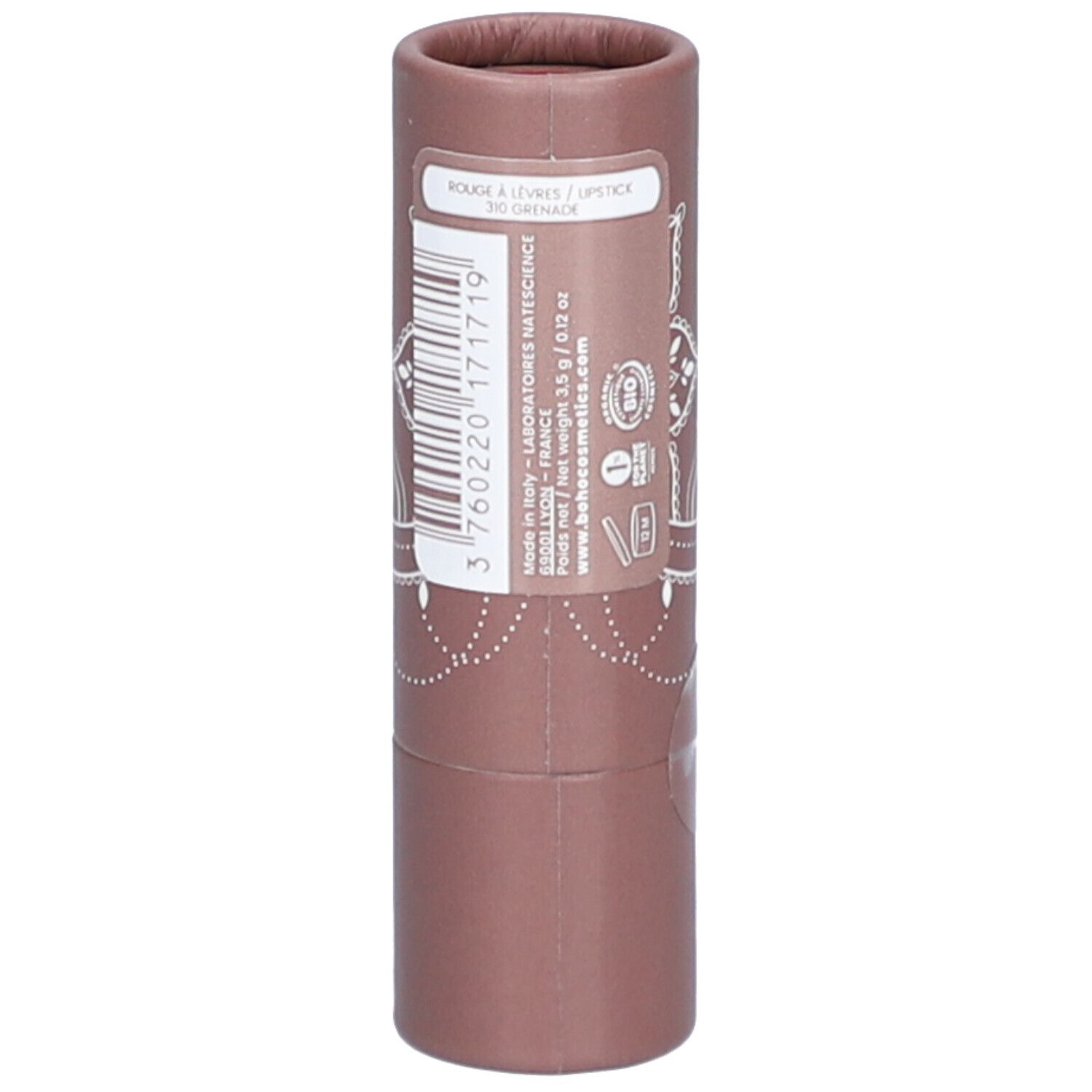 Rouge à lèvres dans un emballage marron. Informations produit, code-barres, logo. "Rouge à lèvres / lipstick" et "310 Grenade".