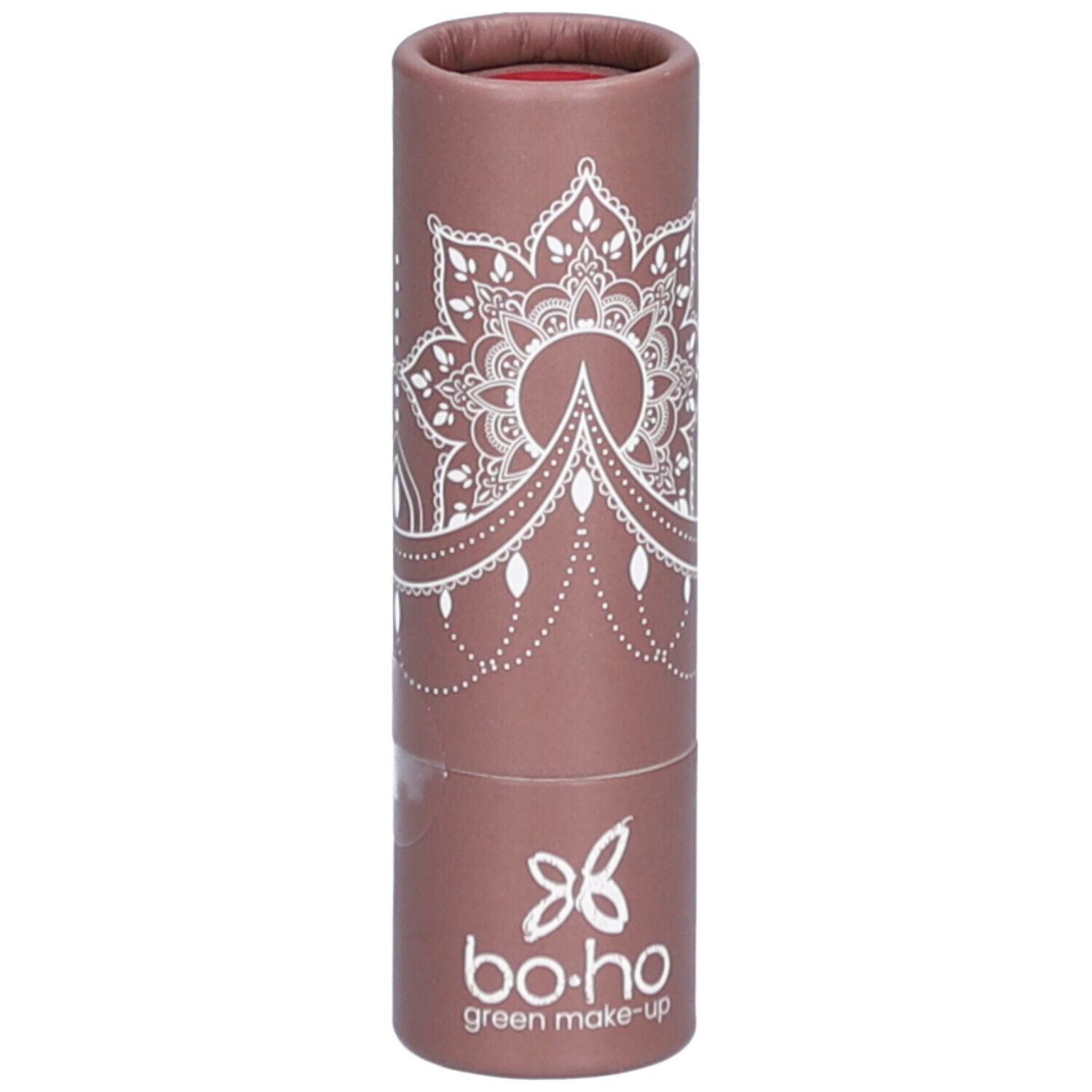 Rouge à lèvres dans un emballage marron. Motif mandala blanc et logo. Inscription "bo-ho green make-up".