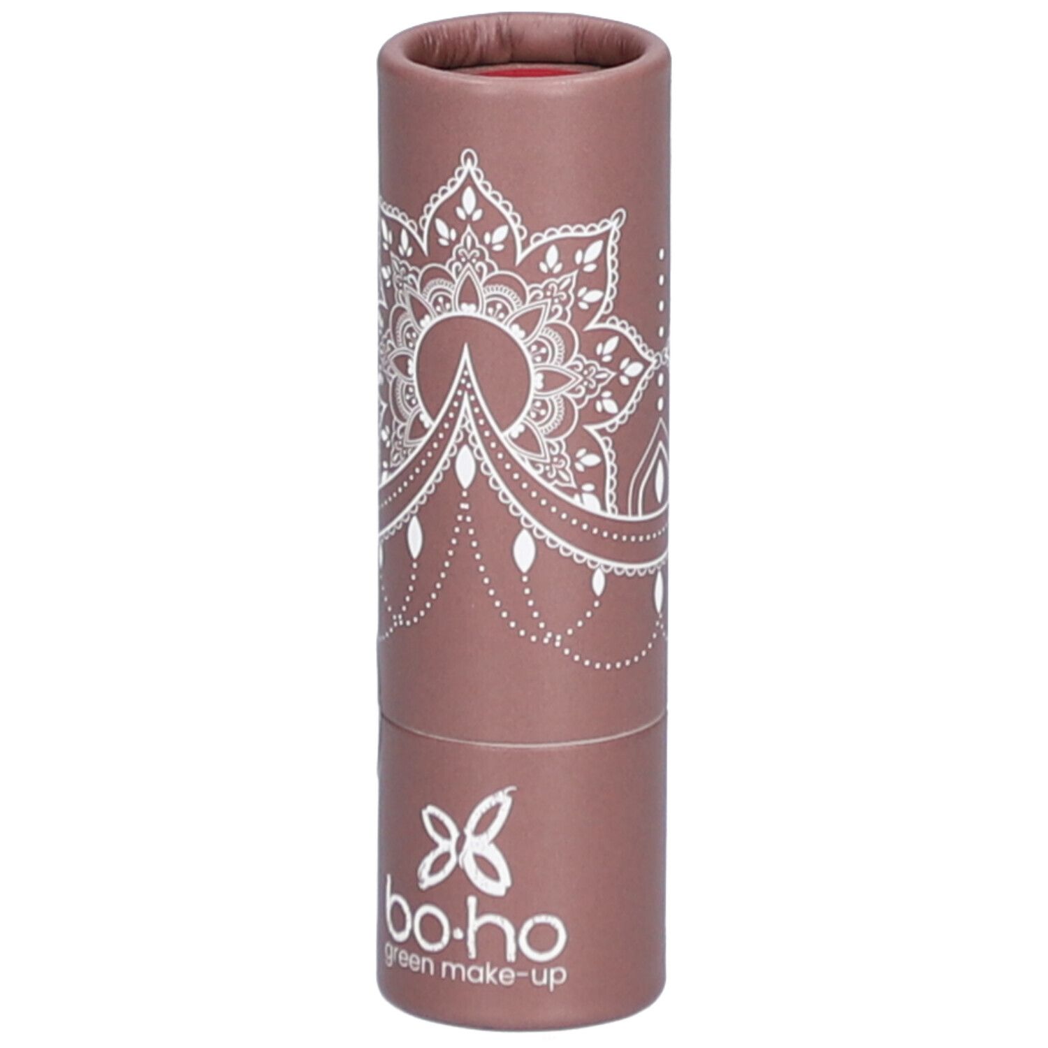 Rouge à lèvres dans un emballage marron. Motif mandala blanc et logo. Inscription "bo-ho green make-up".
