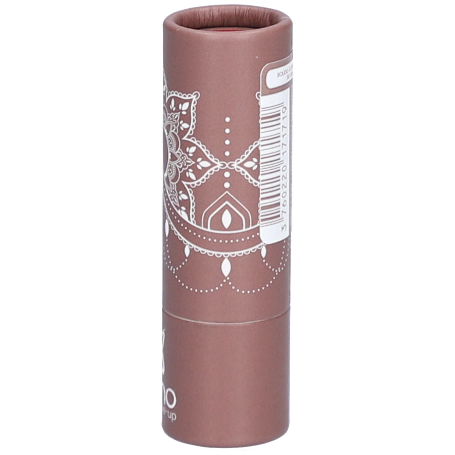 Rouge à lèvres dans un emballage marron. Informations produit, code-barres, logo. "Rouge à lèvres / lipstick".