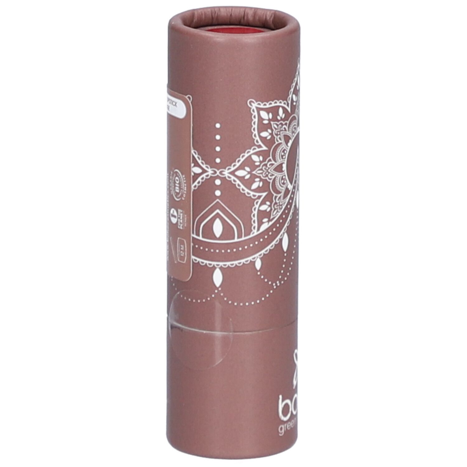 Rouge à lèvres en emballage cylindrique. Motif mandala, logo et label bio. Couleur rouge.