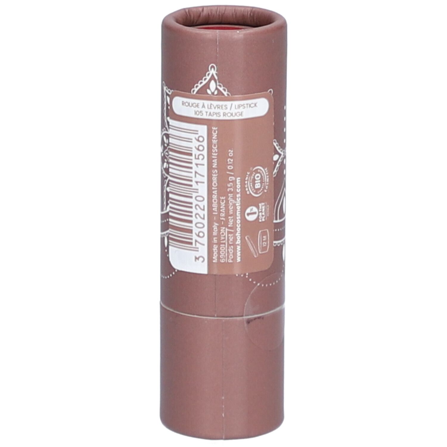 Emballage cylindrique de rouge à lèvres avec étiquette. Nom du produit, code-barres, informations fabricant et label bio.
