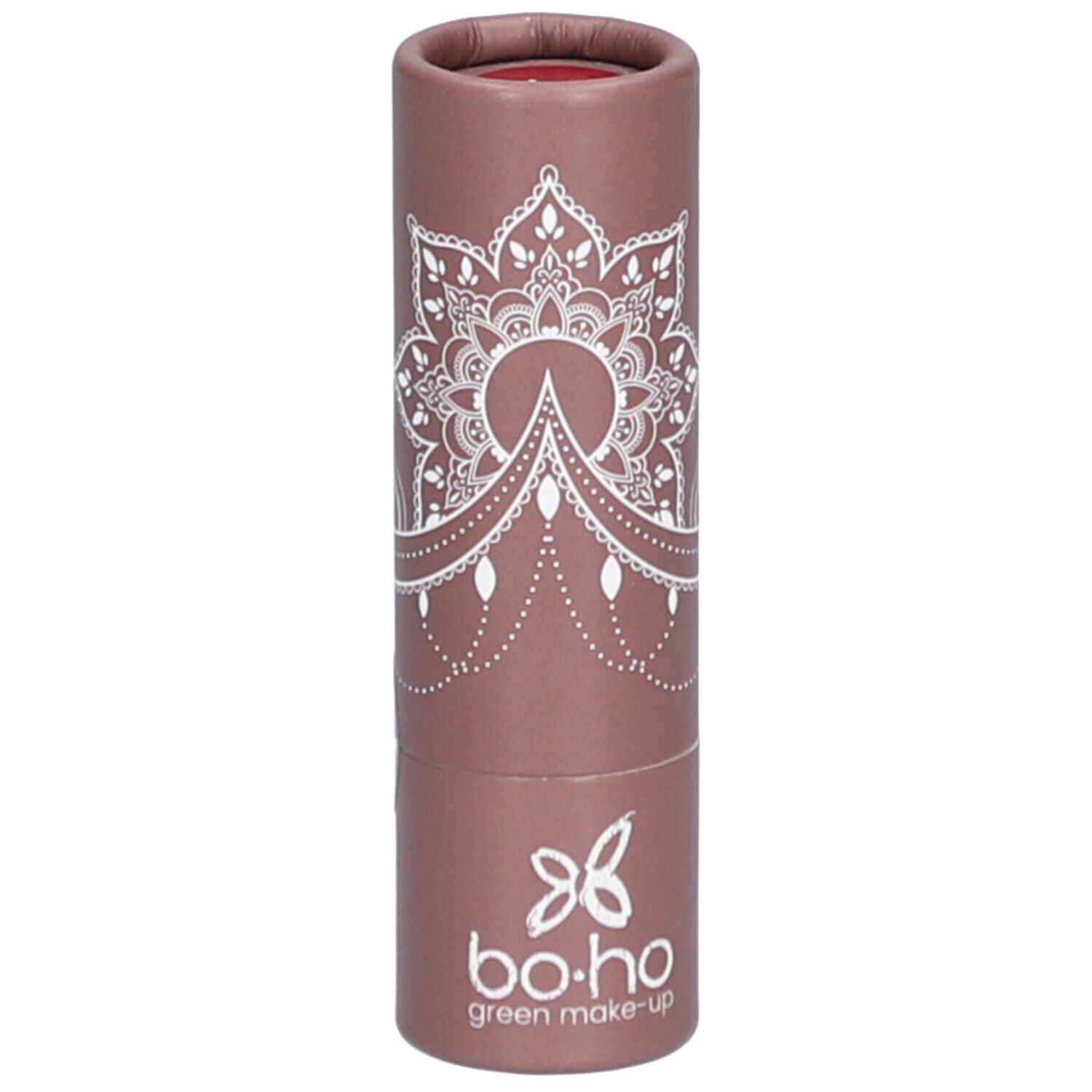 Rouge à lèvres dans un emballage cylindrique. Motif mandala et logo. Couleur rouge.