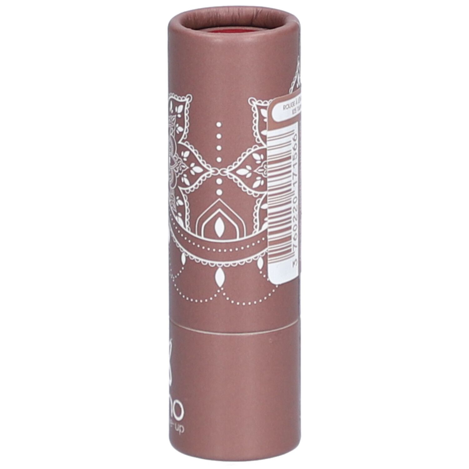 Emballage cylindrique de rouge à lèvres avec étiquette. Nom du produit, code-barres, informations fabricant et label bio.