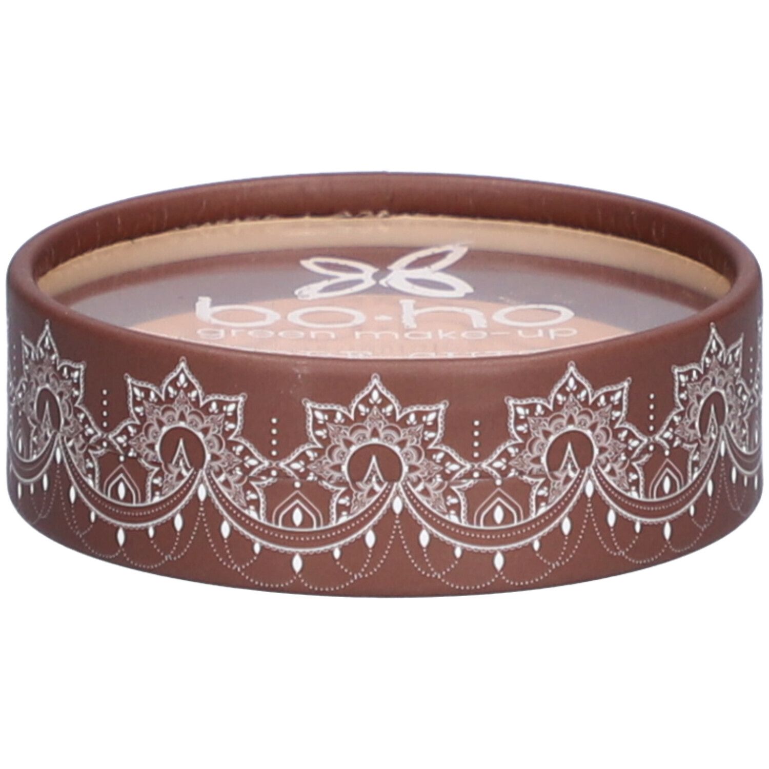 Emballage rond marron avec motif blanc. Dessus: logo et texte. Contenu visible à travers un couvercle transparent.