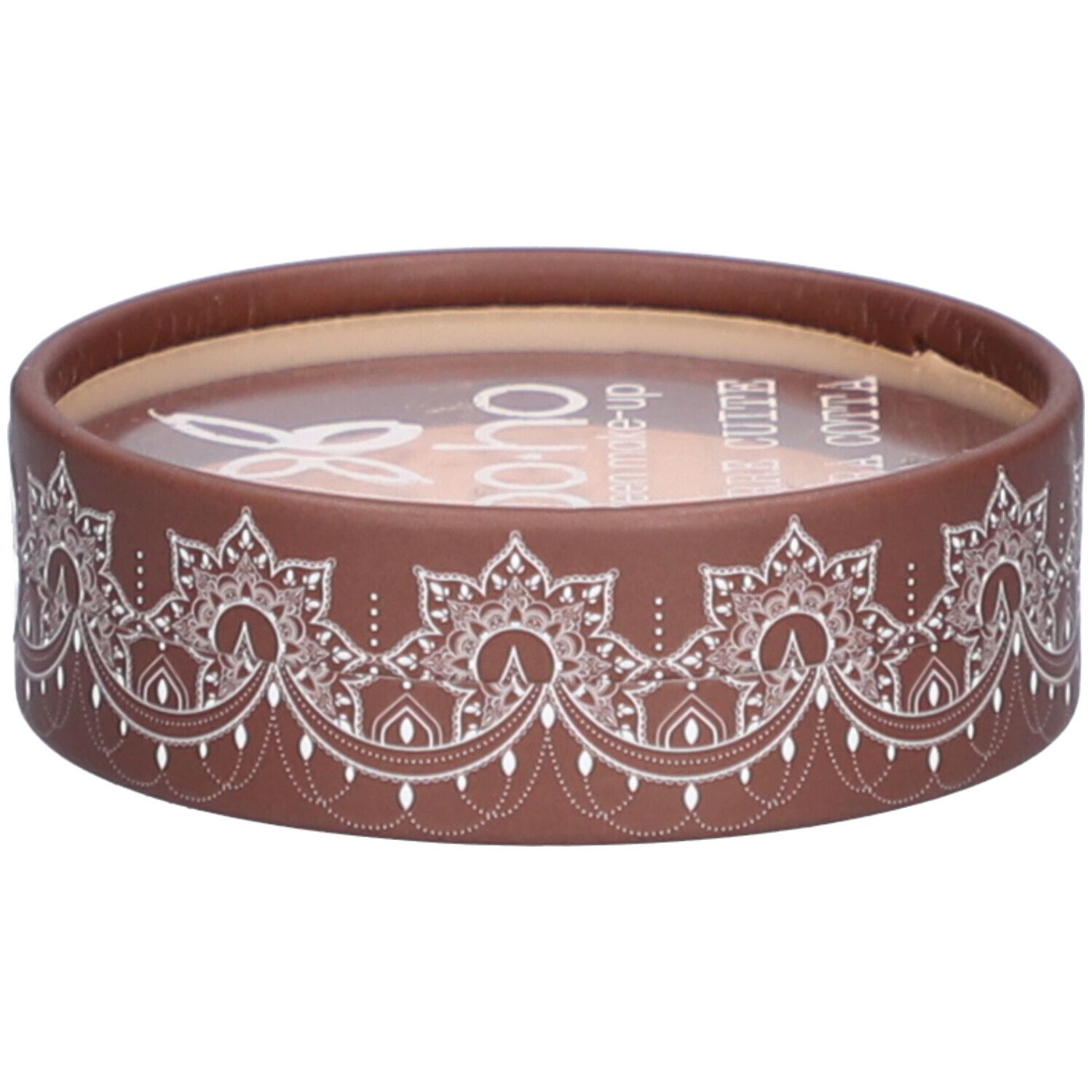 Emballage rond marron avec motif blanc. Dessus: logo et texte. Contenu visible à travers un couvercle transparent.