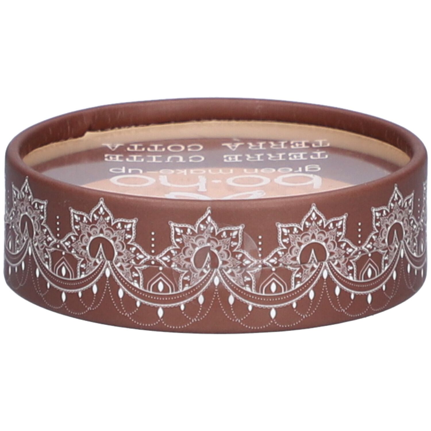 Emballage rond marron avec motif blanc. Dessus: logo et texte. Contenu visible à travers un couvercle transparent.
